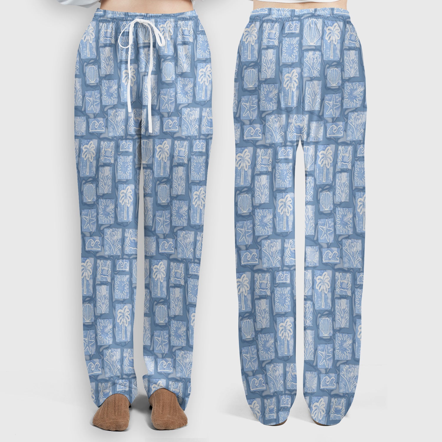 Cute Coastal Seashell Starfish Nurse Pattern Scrub Set, Scrub Pants and V Neck Top