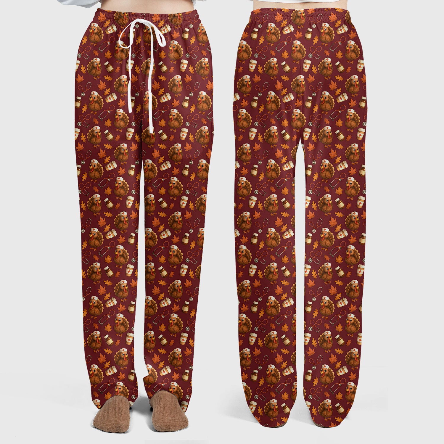 Turkey Pattern Thanksgiving Scrub Set - Fall Leaves and Nurse Tools Print Scrubs - Fun Autumn Medical Pants and Top Gift for RN CNA LPN