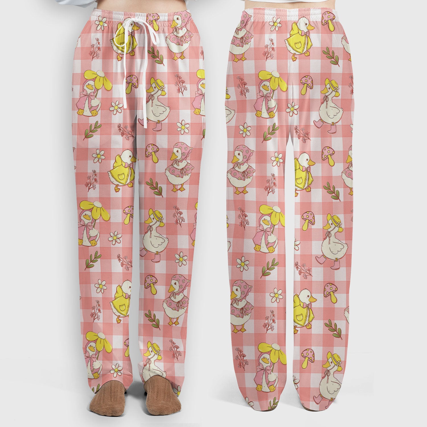 Cute Duck Outfit Gingham Pattern Scrub Set, Scrub Pants and V Neck Top