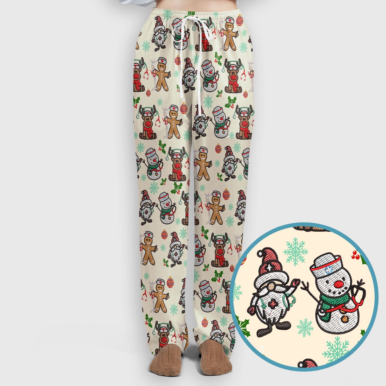 Christmas Gingerbread Scrubs Set for Women - Comfortable Scrubs for Nurses - Reindeer Santa Pants and V Neck Top