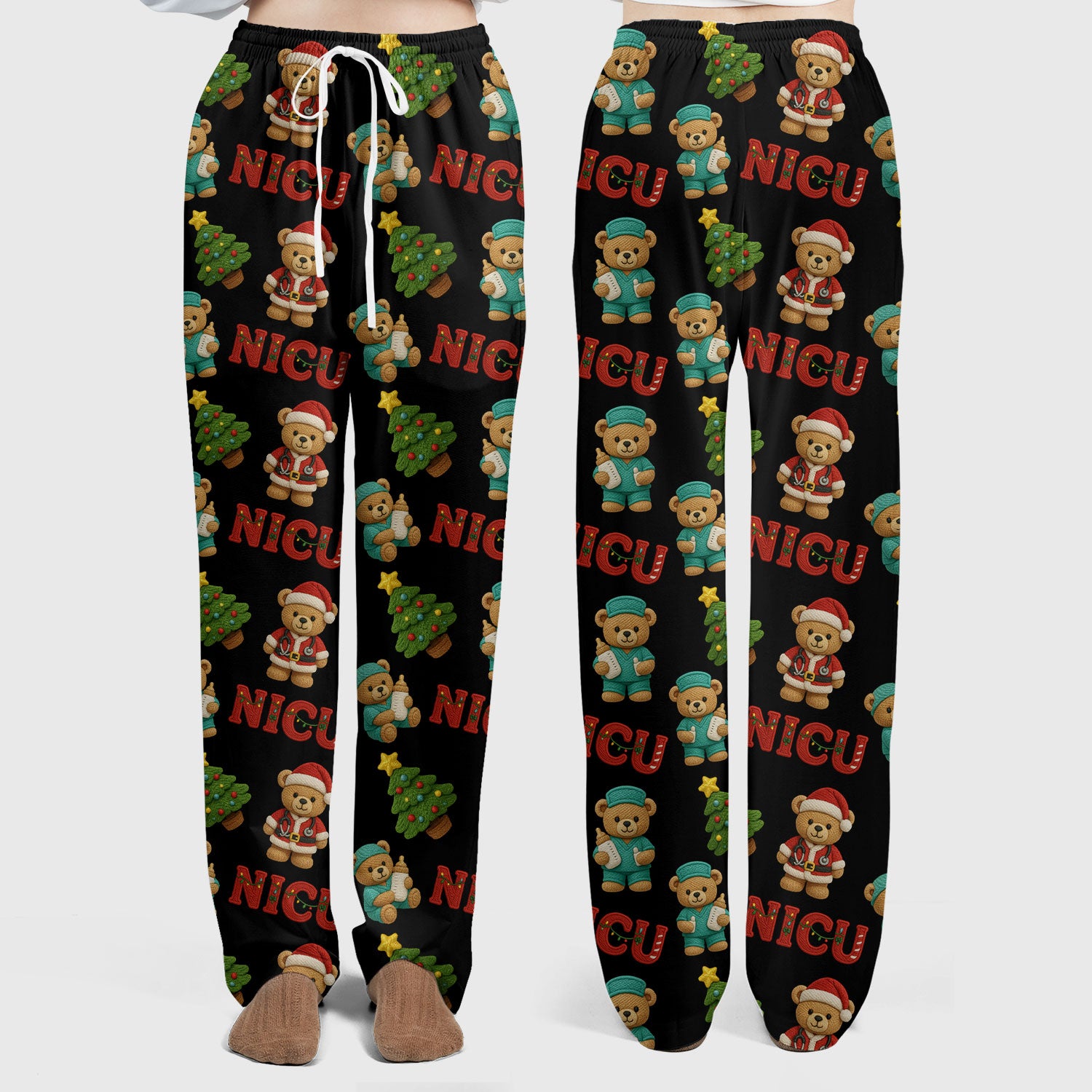 Festive Christmas NICU Nurse Teddy Bear Pattern Scrub Set, Breathable Med Uniform
