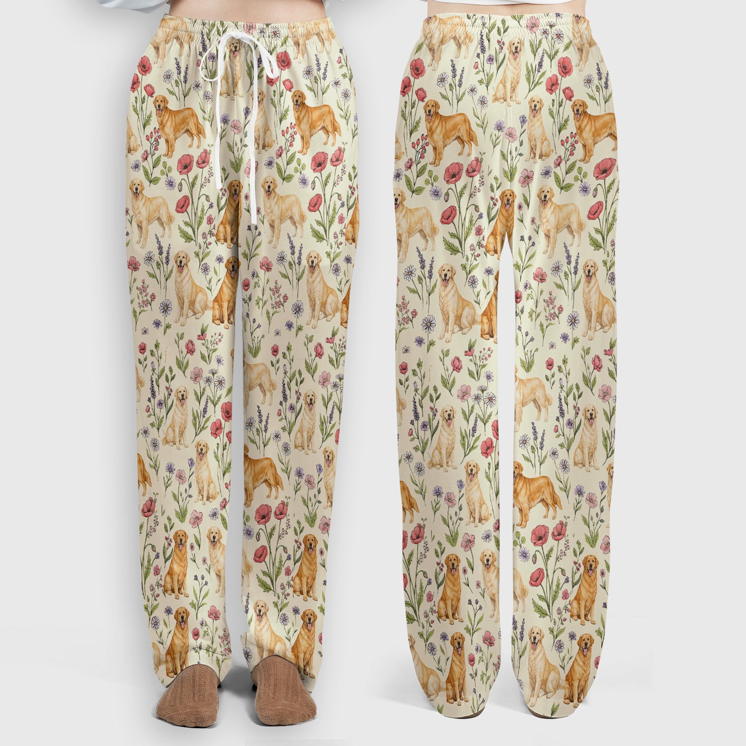 Cute Golden Retriever Floral Pattern Scrub Set, Women's Scrub Sets