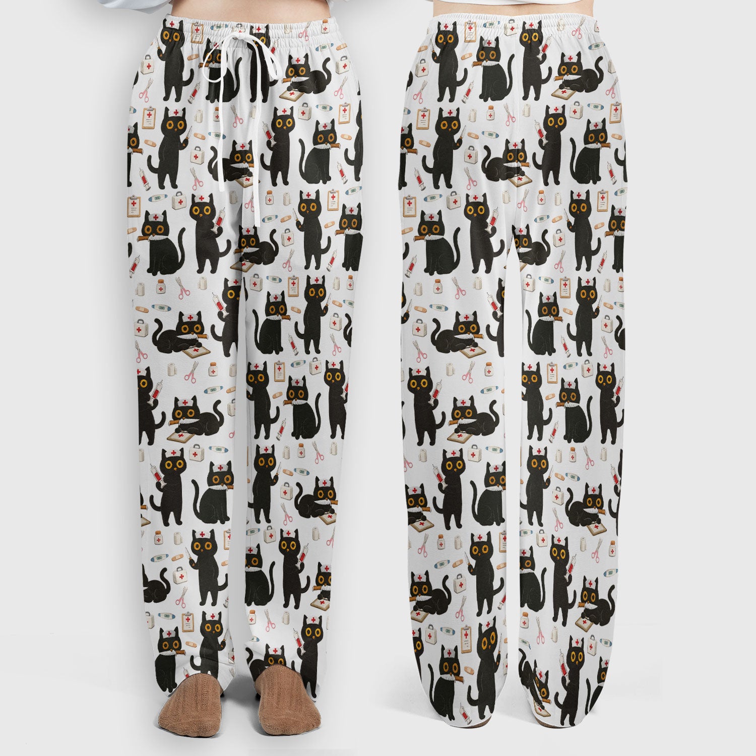 Cute Black Cat Nurse Pattern Women's Scrub Set, Breathable Med Uniform