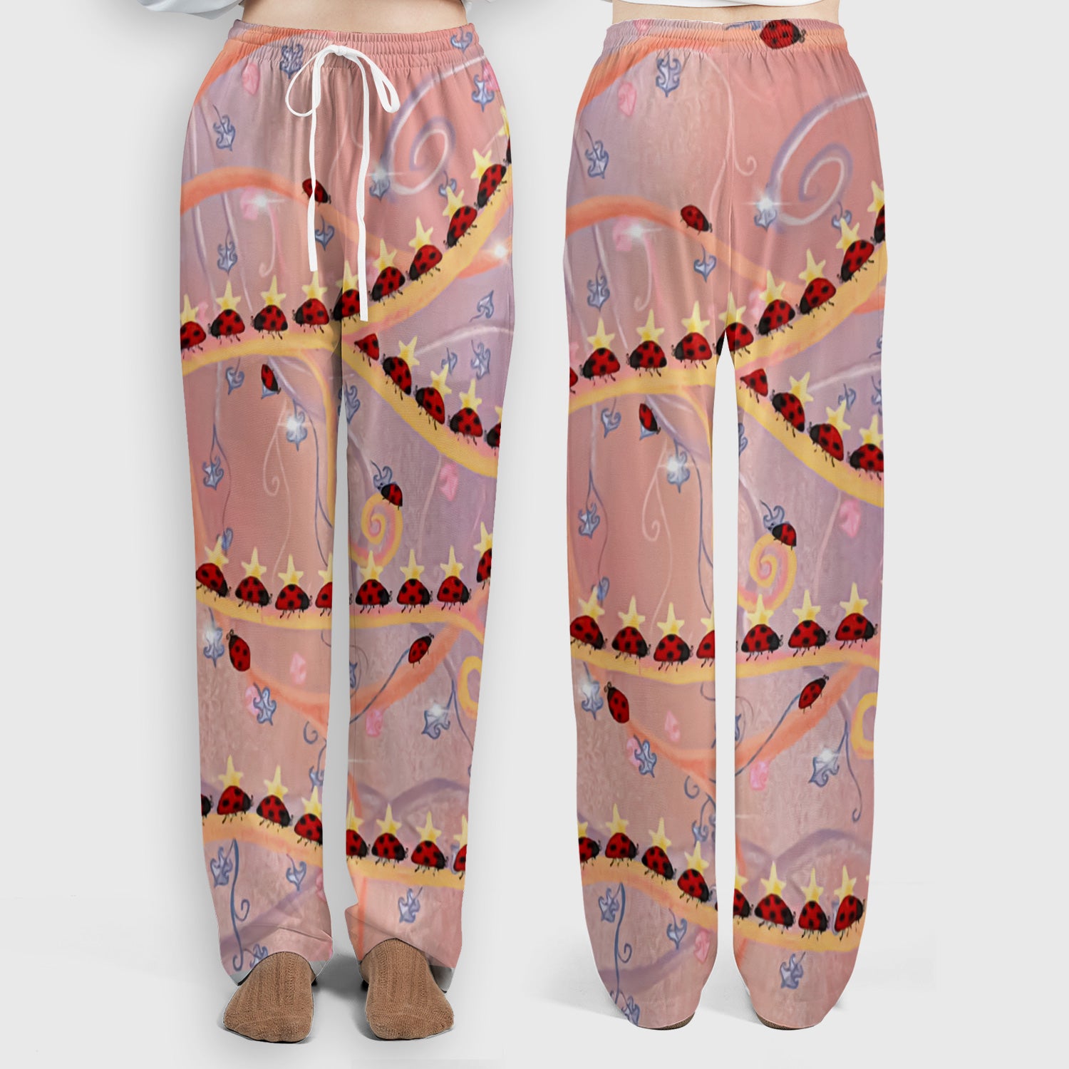 Cute Ladybug Star Vine Swirl Pattern Scrub Set, Scrub Pants and V Neck Top