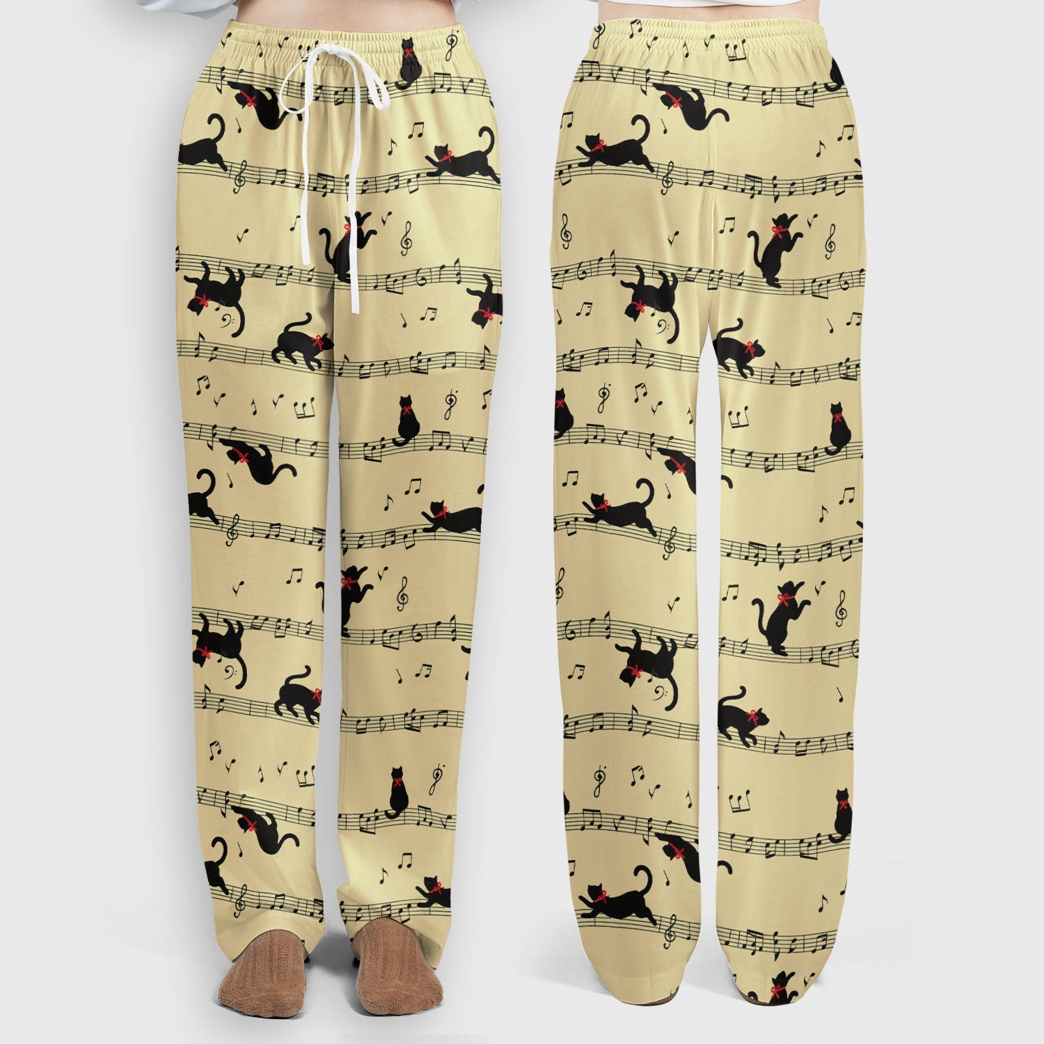 Cute Dancing Black Cat Music Staff Pattern Scrub Set, Scrub Pants and V Neck Top