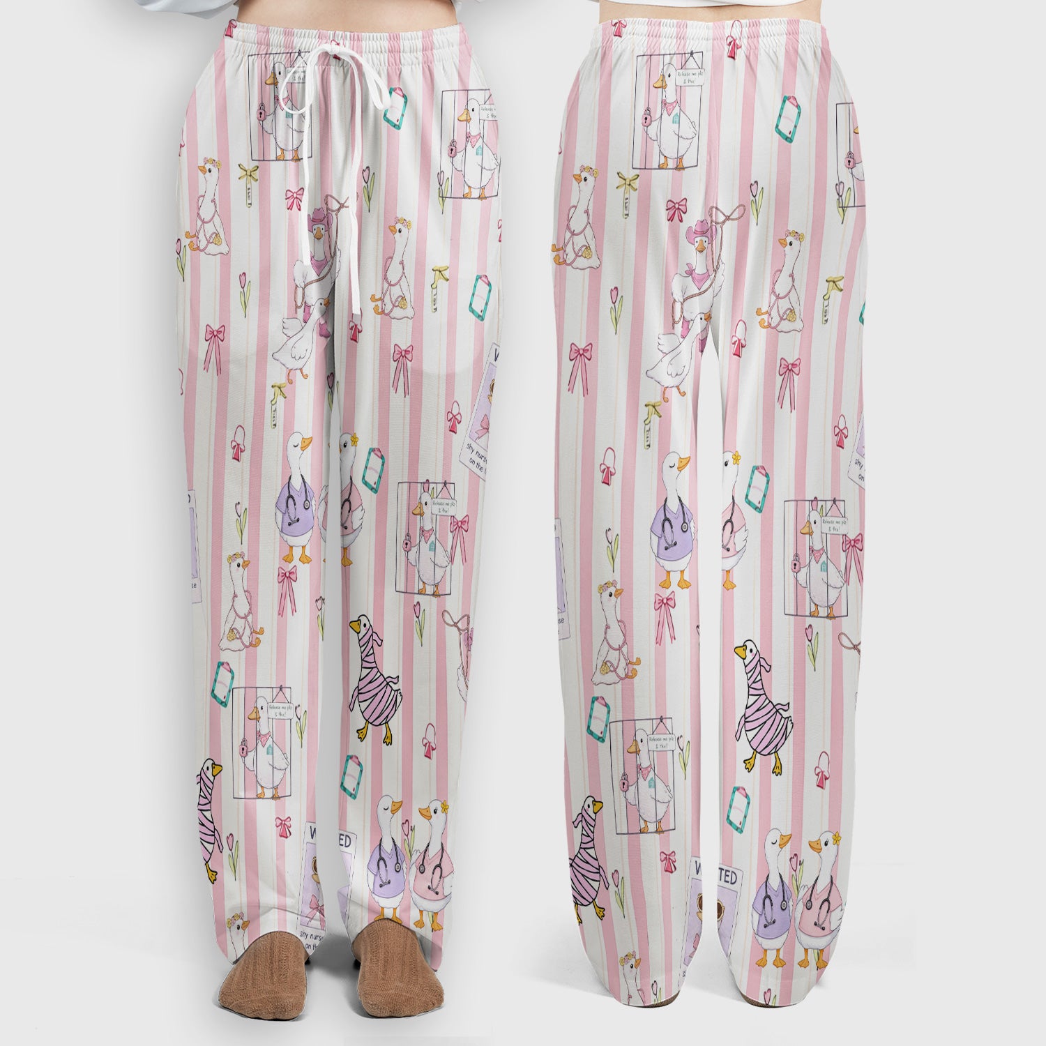 Cute Nurse Duck Stripe Pattern Scrub Set, Scrub Pants and V Neck Top