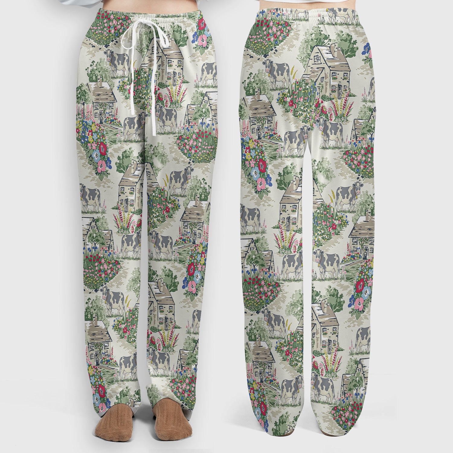 Charming Countryside Cows Cottage Garden Pattern Scrub Set, Scrub Pants and V Neck Top