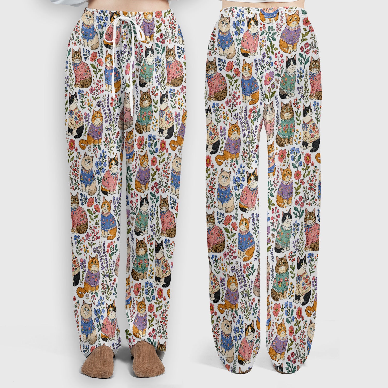 Cute Floral Cat Pattern Scrub Set, Scrub Pants and V Neck Top