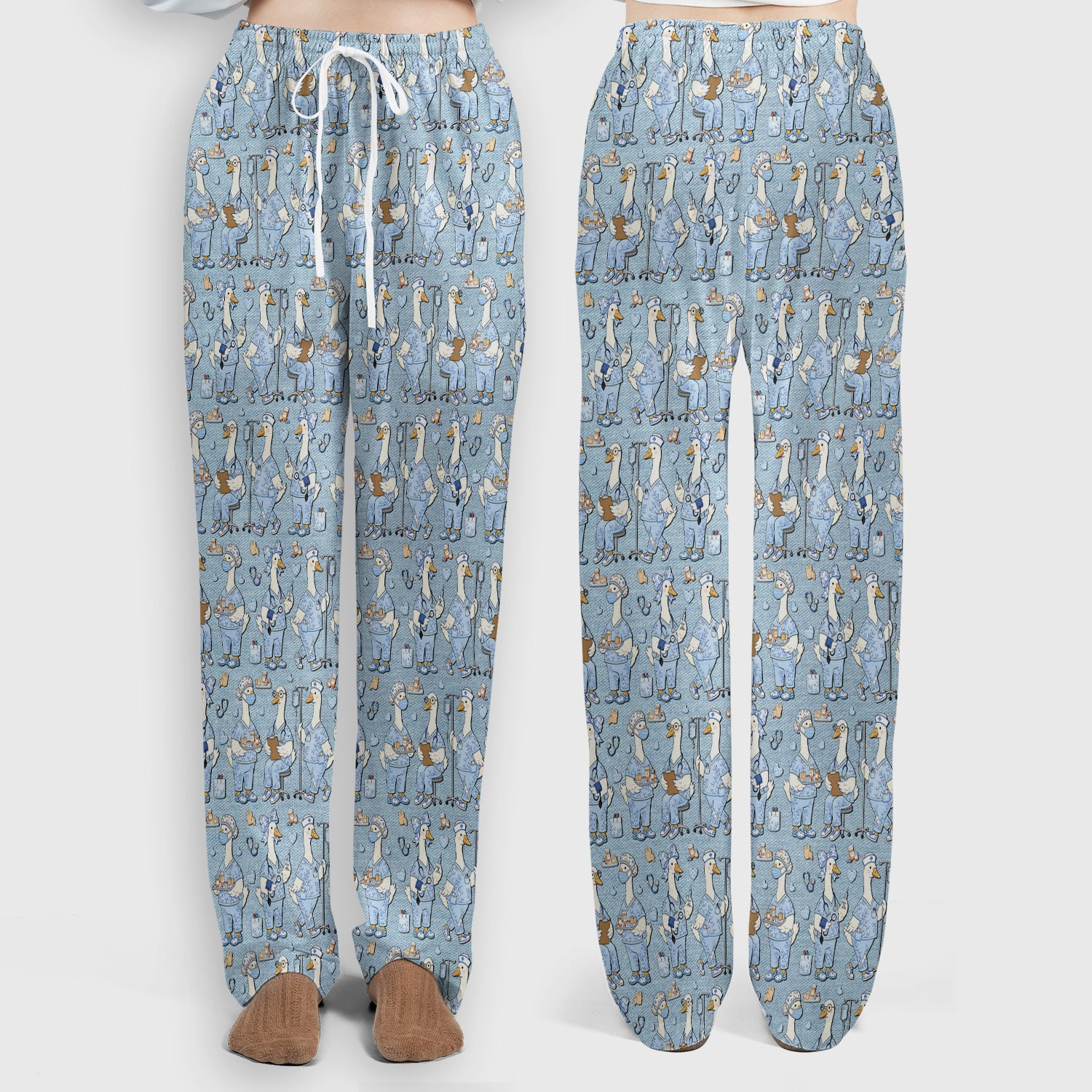Cute Nurse Goose Working Pattern Scrub Set, Scrub Pants and V Neck Top