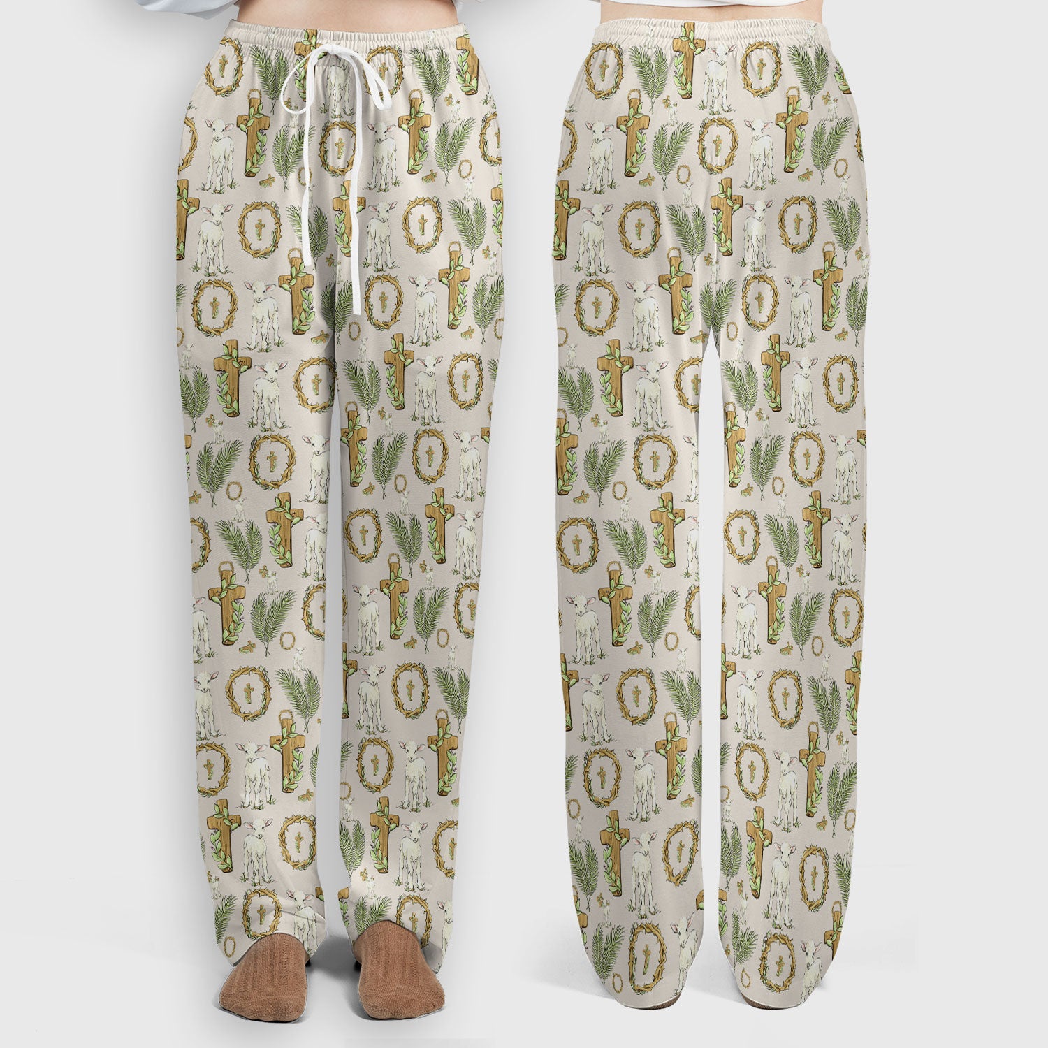 Faith Lamb Cross Pattern Women's Scrub Set, Scrub Pants and V Neck Top