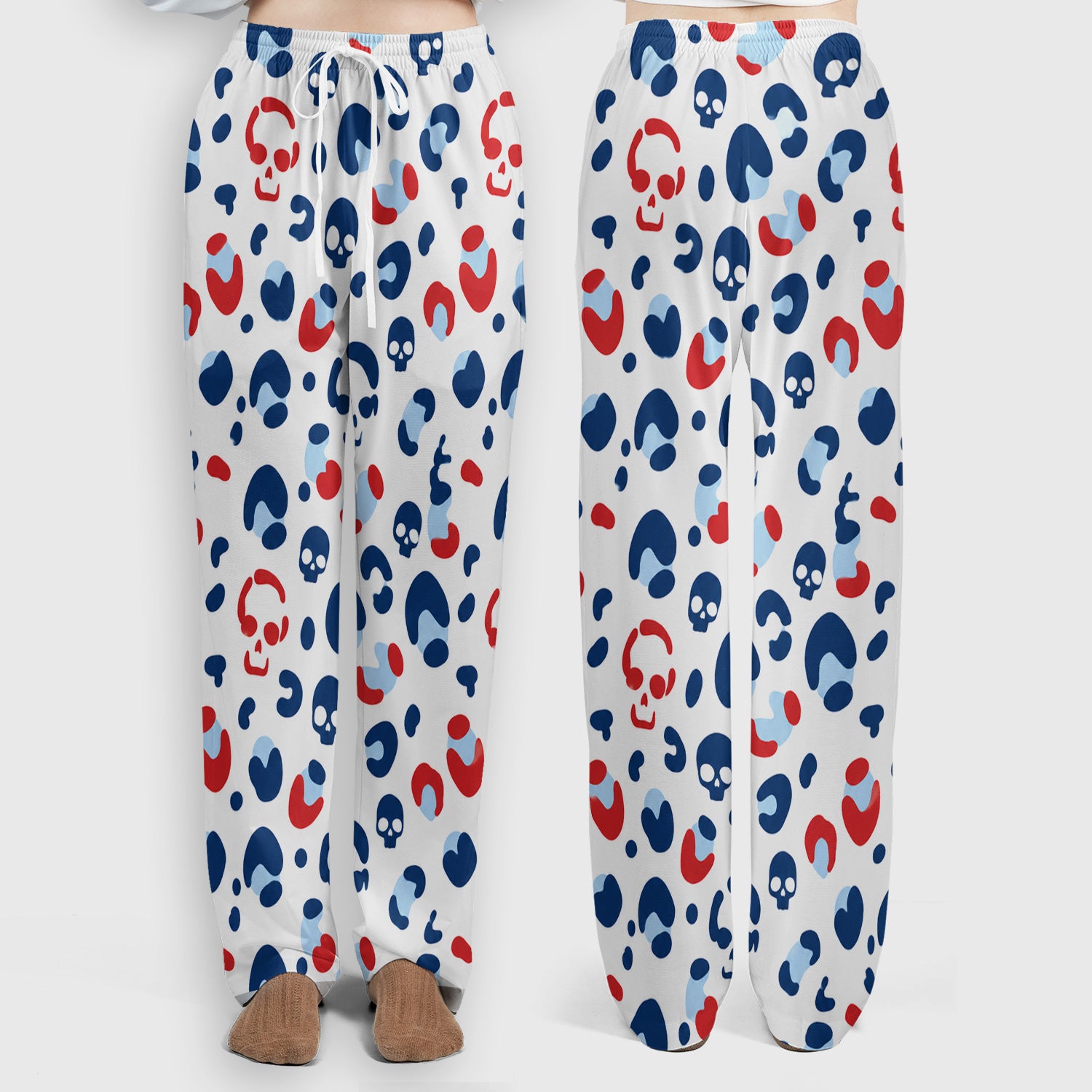 Red Blue Skull Leopard Pattern Scrub Set, Scrub Pants and V Neck Top