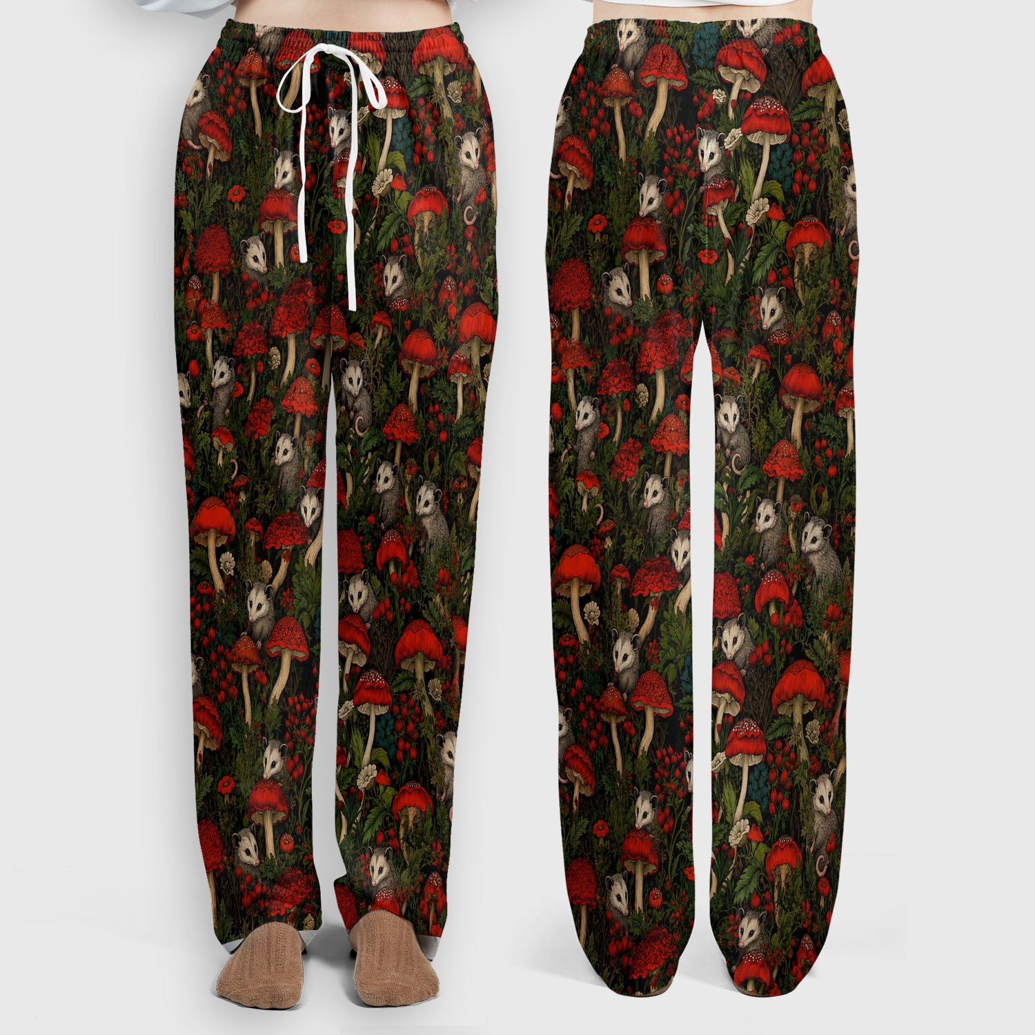 Woodland Opossum Red Mushroom Pattern Scrub Set, Scrub Pants and V Neck Top