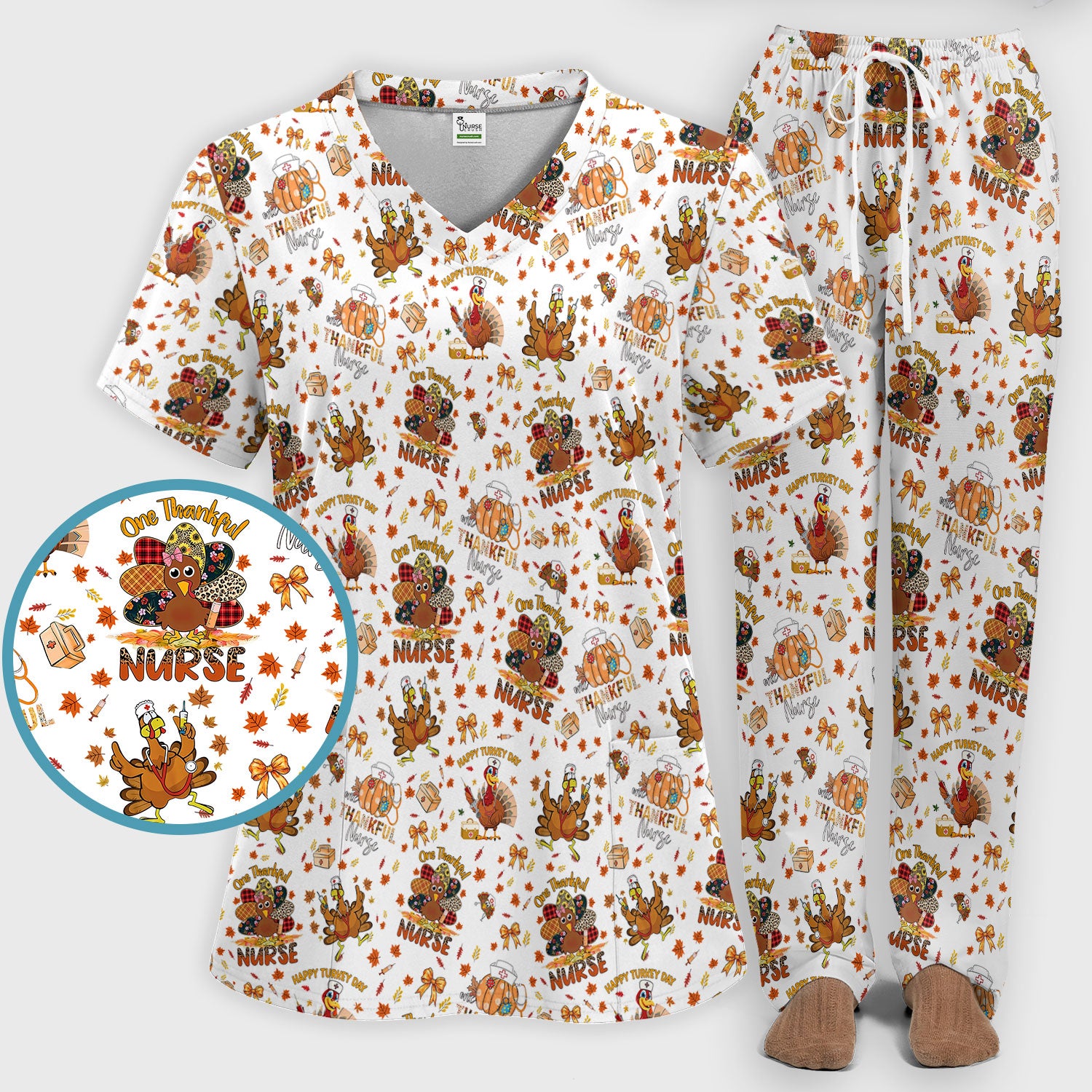Thanksgiving Scrub Set for Women - Turkey Pumpkin Scrub Top and Pants for Nurses - Fall Med Uniform for RN CNA LPN