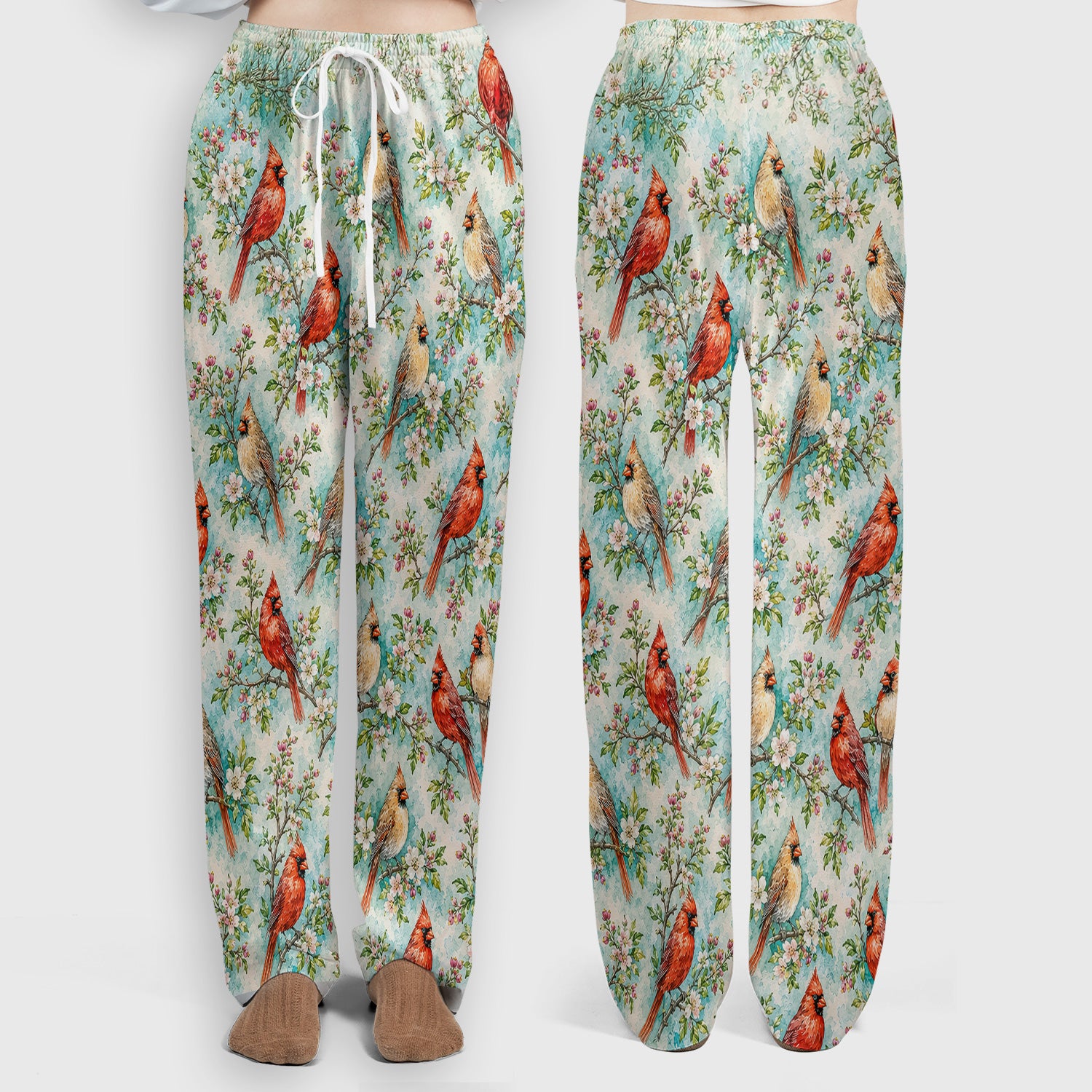 Cardinal Blossom Branch Pattern Scrub Set, Scrub Pants and V Neck Top