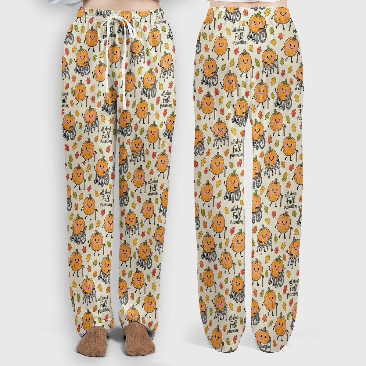 Cute Fall Prevention Pumpkin Pattern Scrub Set, Scrub Pants and V Neck Top