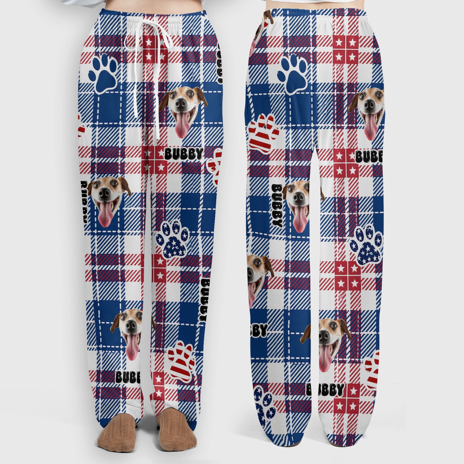 Custom Dog Face Scrub Set, Patriotic Dog Plaid Pattern Shirt, Scrub Pants and V Neck Top