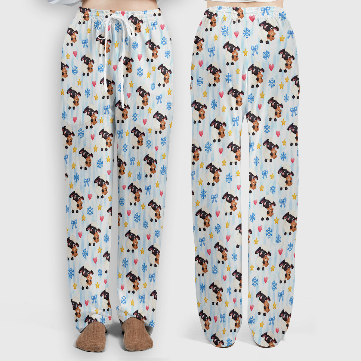 Cute Winter Lambs Holding Teddy Bears Scrub Set, Scrub Pants and V Neck Top