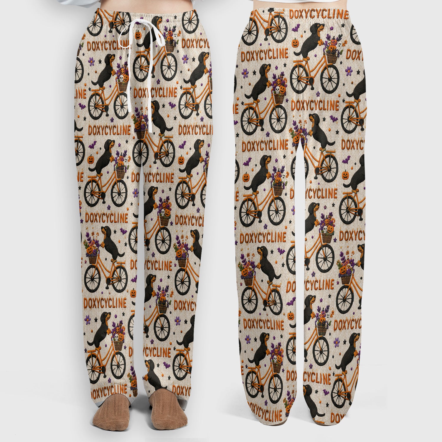 Halloween Dachshund with Doxycycline Bike Print Scrub Set, Scrub Pants and V Neck Top
