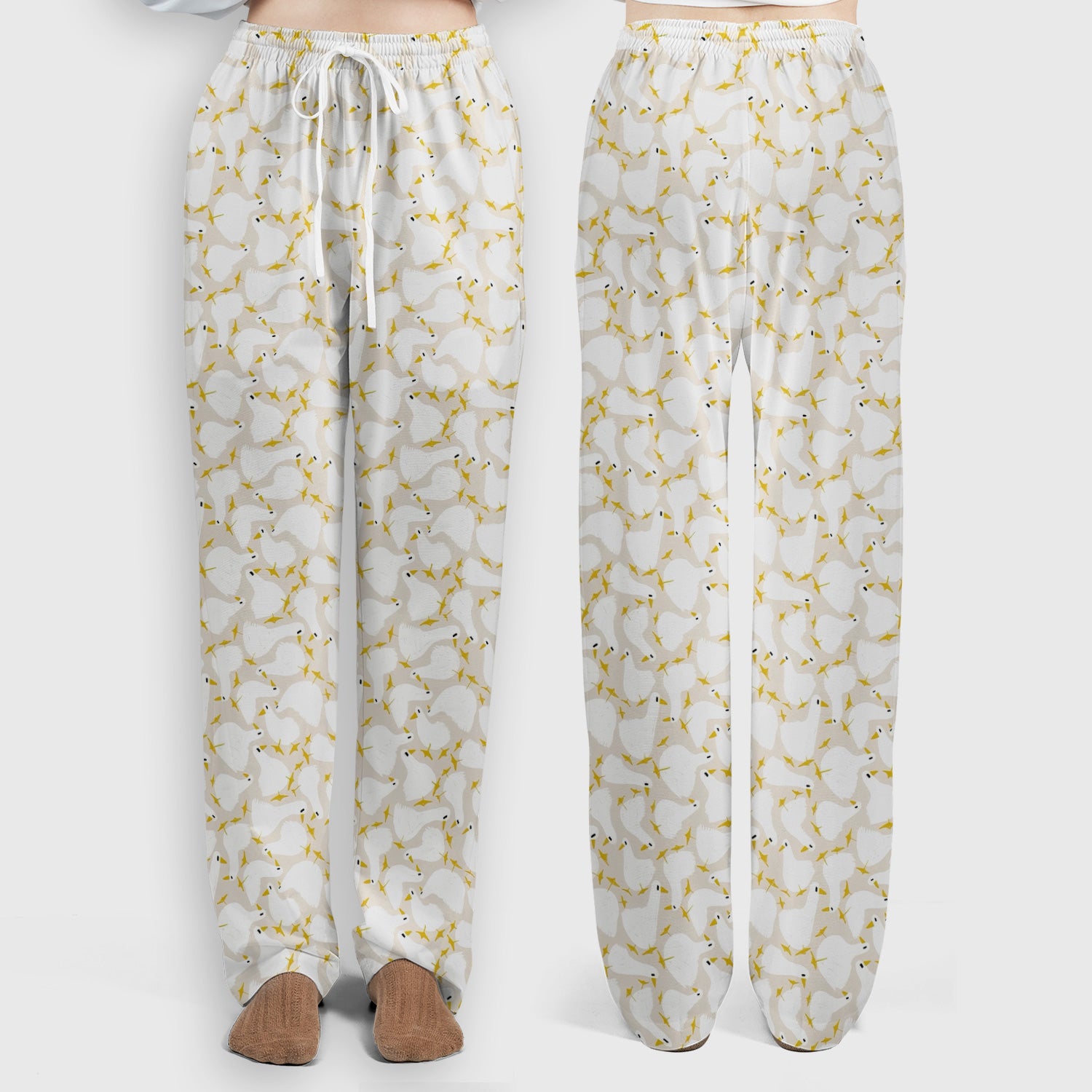 Cute White Goose Yellow Star Pattern Scrub Set, Scrub Pants and V Neck Top