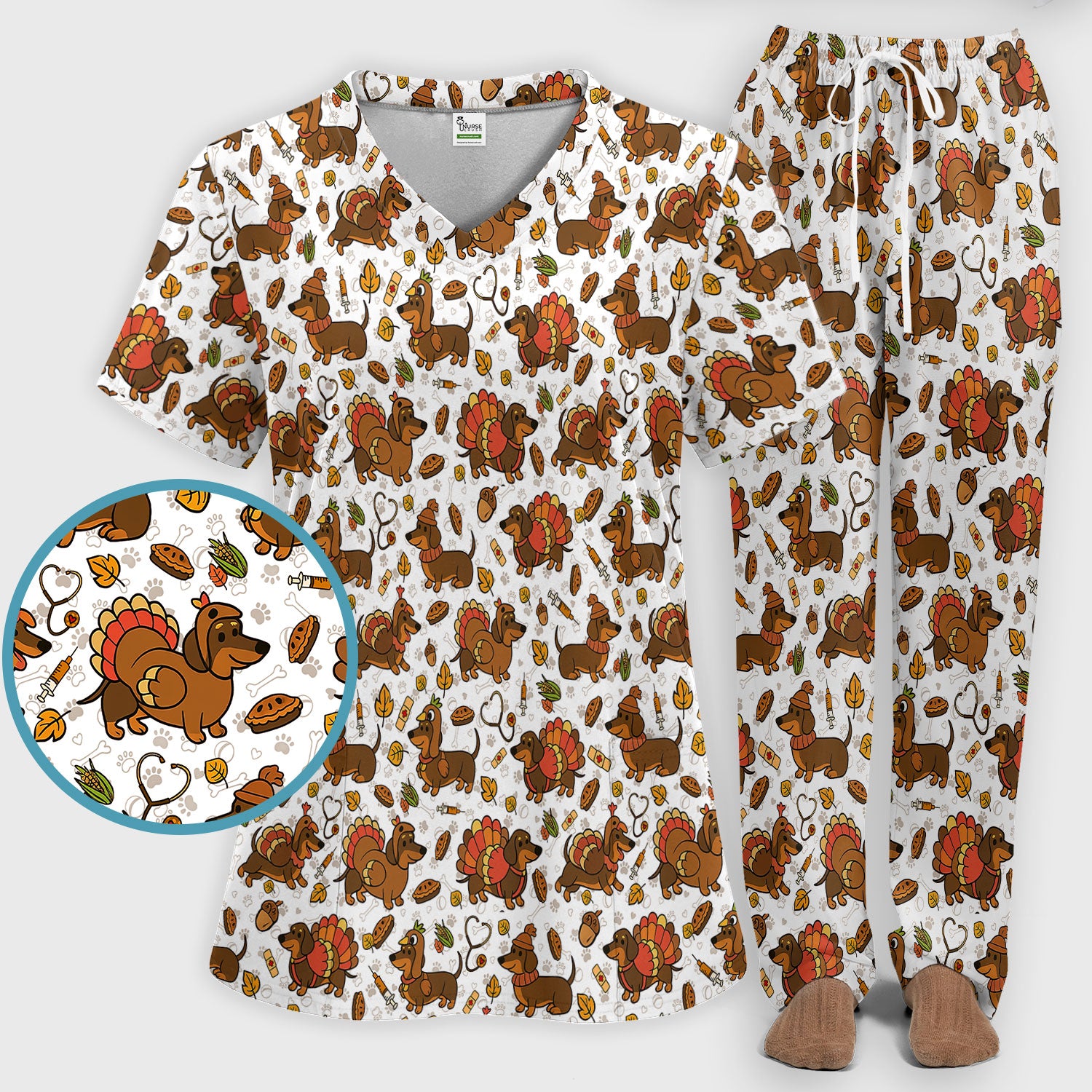 Thanksgiving Dachshund Scrubs Set - Cute Dog Turkey Medical Uniform for Nurses - Funny Holiday Gift for RN CNA LPN