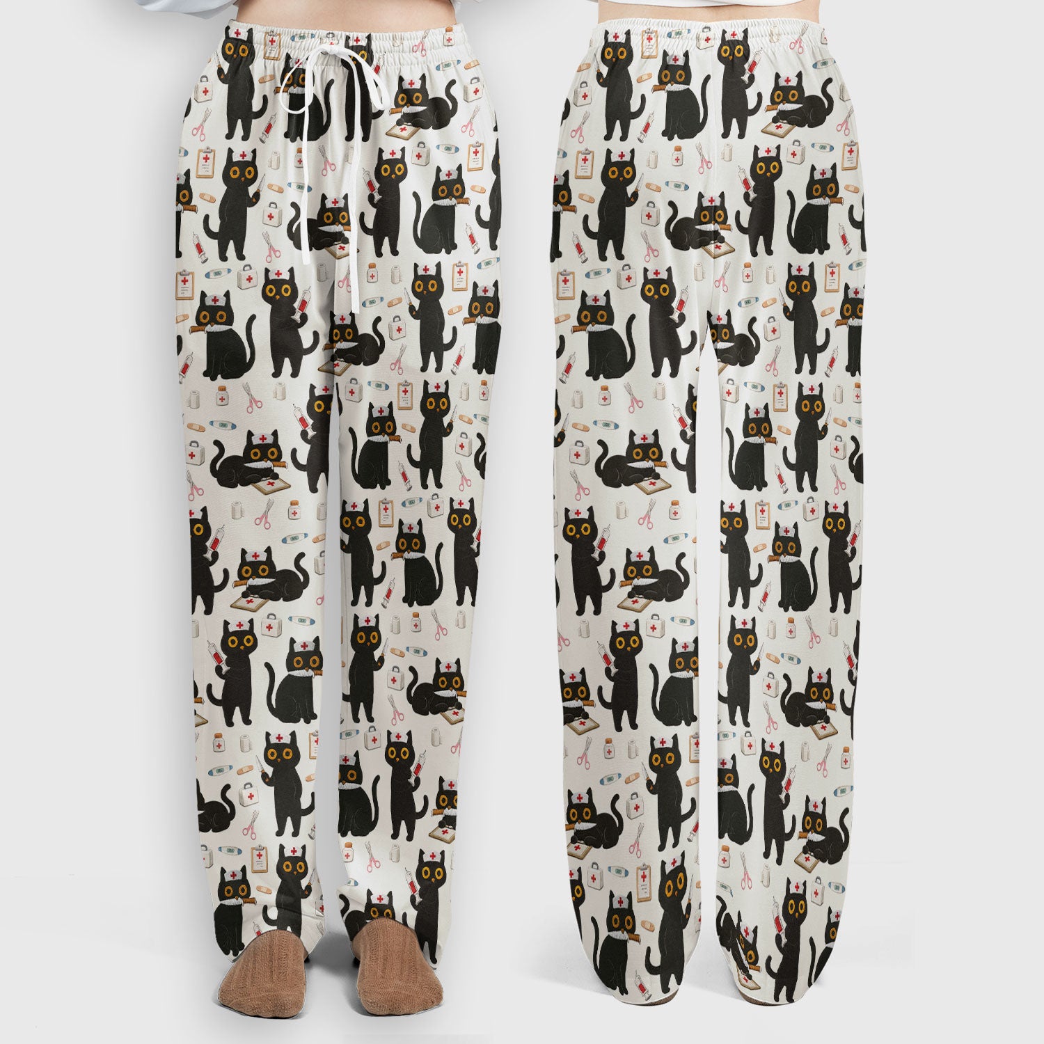 Cute Black Cat Nurse Pattern Women's Scrub Set, Breathable Med Uniform