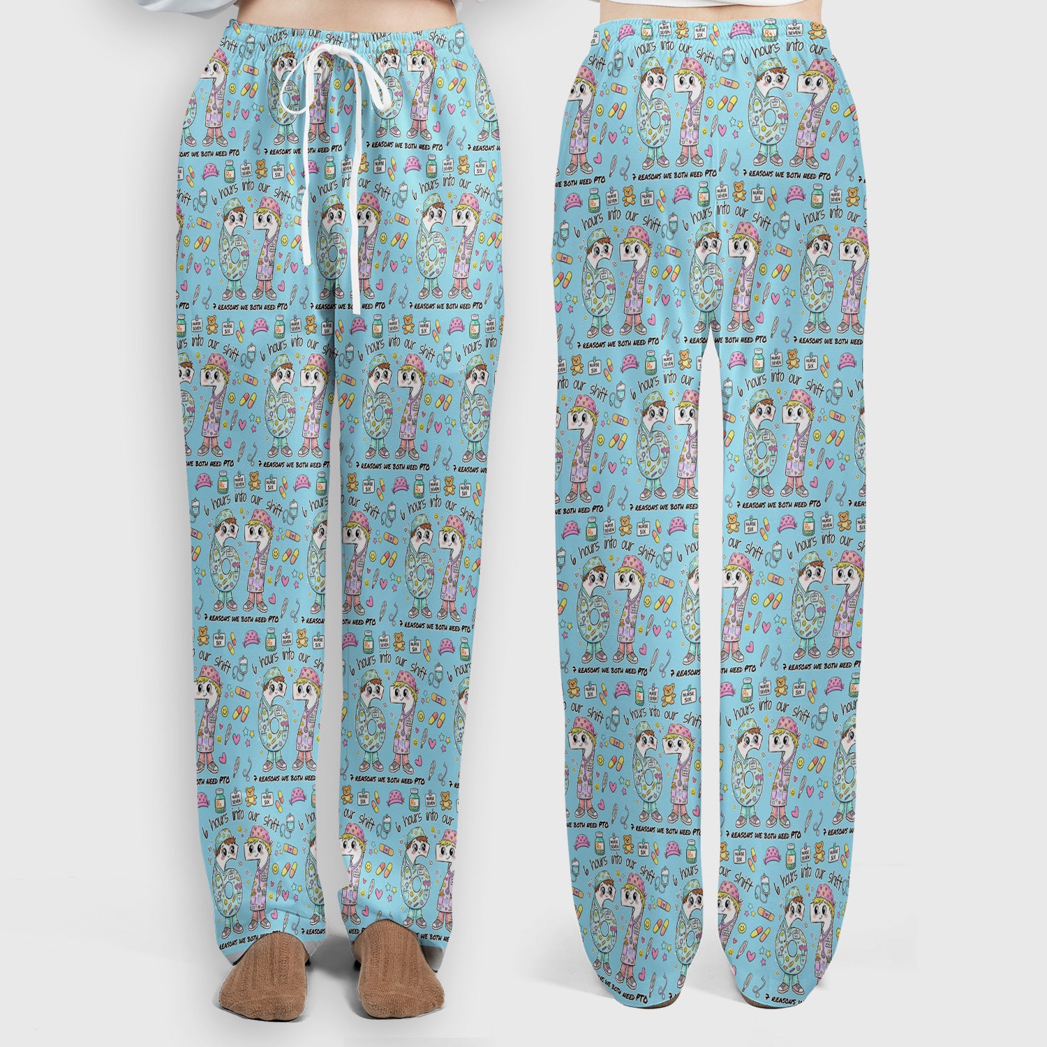 Cartoon Characters Six Hours Into Shift With Medical Doodle Scrub Set, Breathable Med Uniform