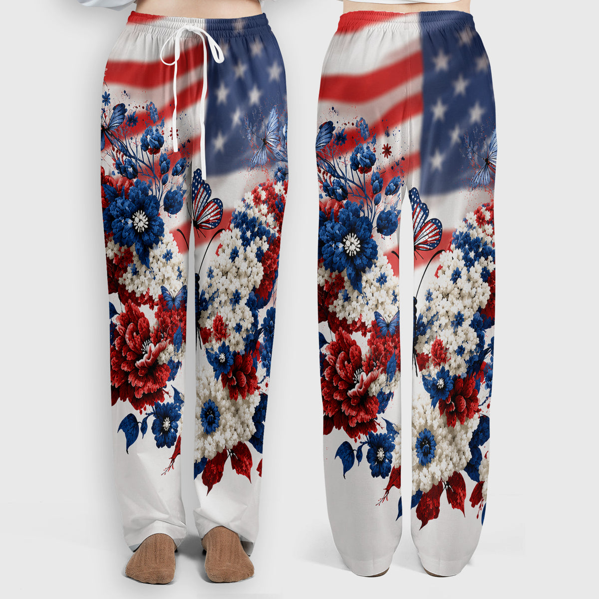 Patriotic Butterfly with Floral Print Scrub Set, Scrub Pants and V Neck Top