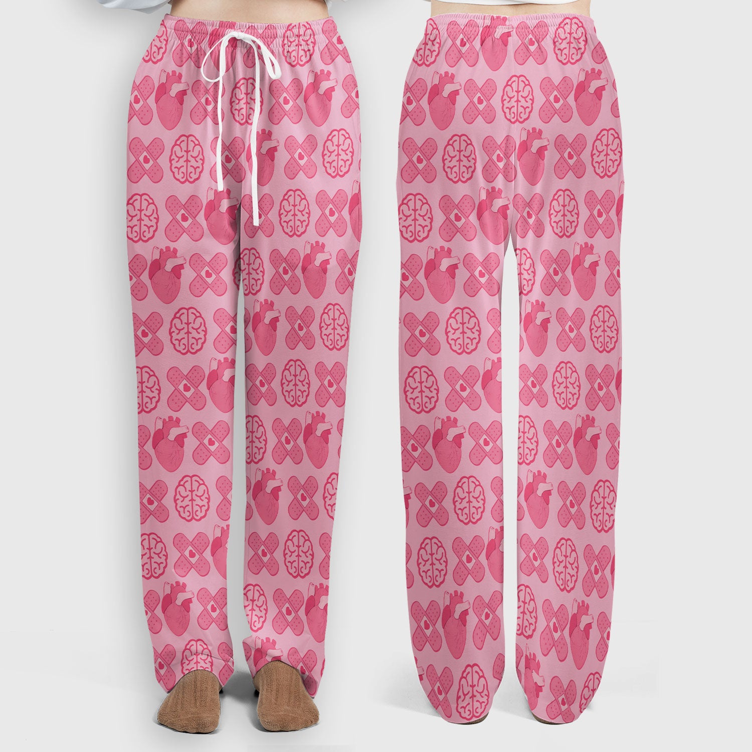 Heart & Brain Medical Icon Pattern Scrub Set, Scrub Pants and V Neck Top