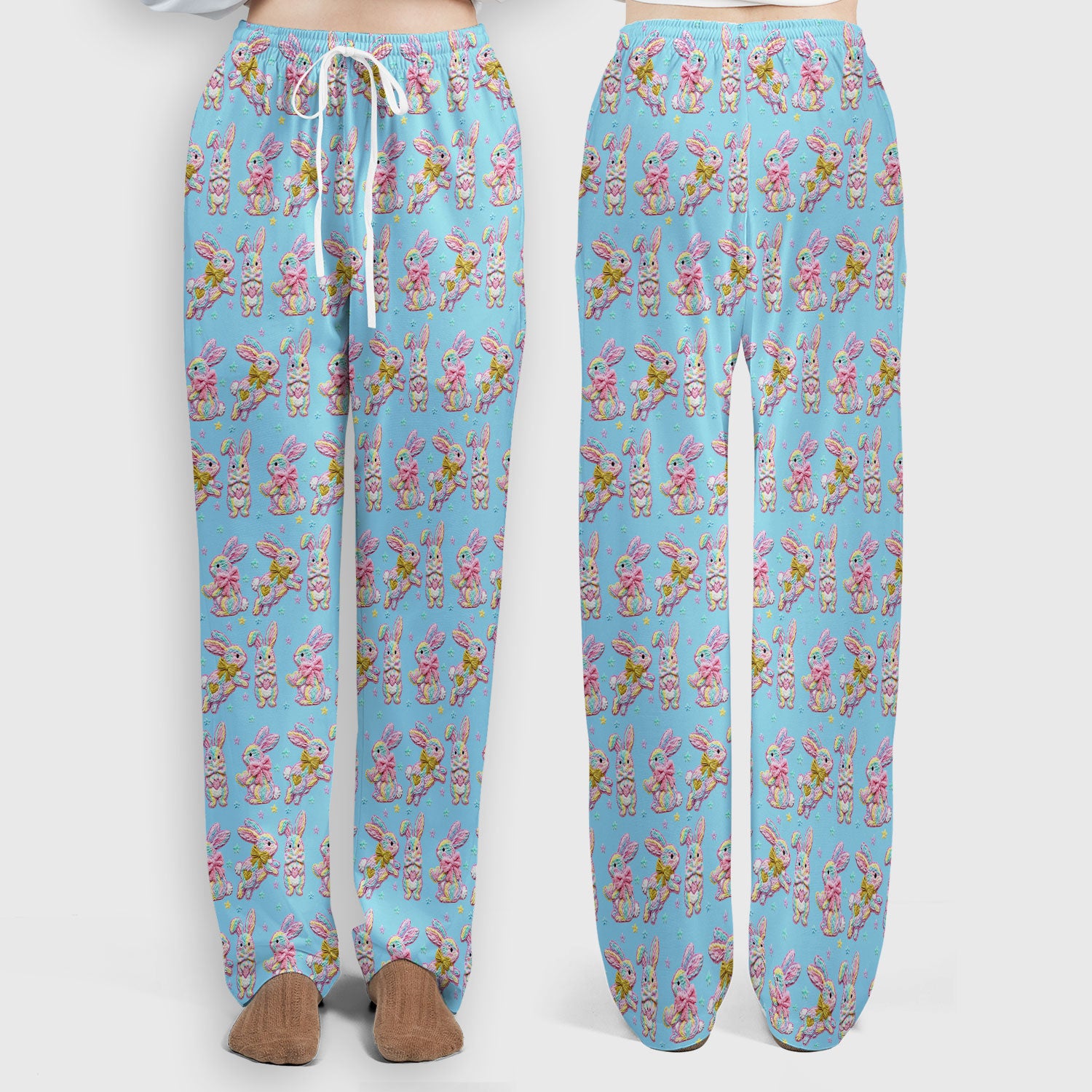 Cartoon Bunny All Over Print Set, Scrub Pants and V Neck Top