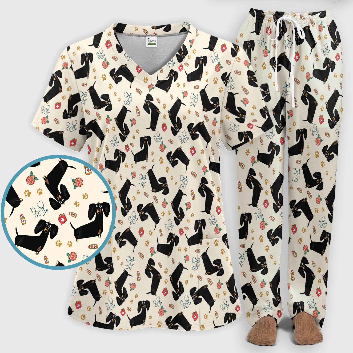 Funny Black Dachshund Scrub Set for Nurses - Cute Wiener Dog Scrubs Pants and V Neck Top - Puppy Lover Nursing Gift for Women