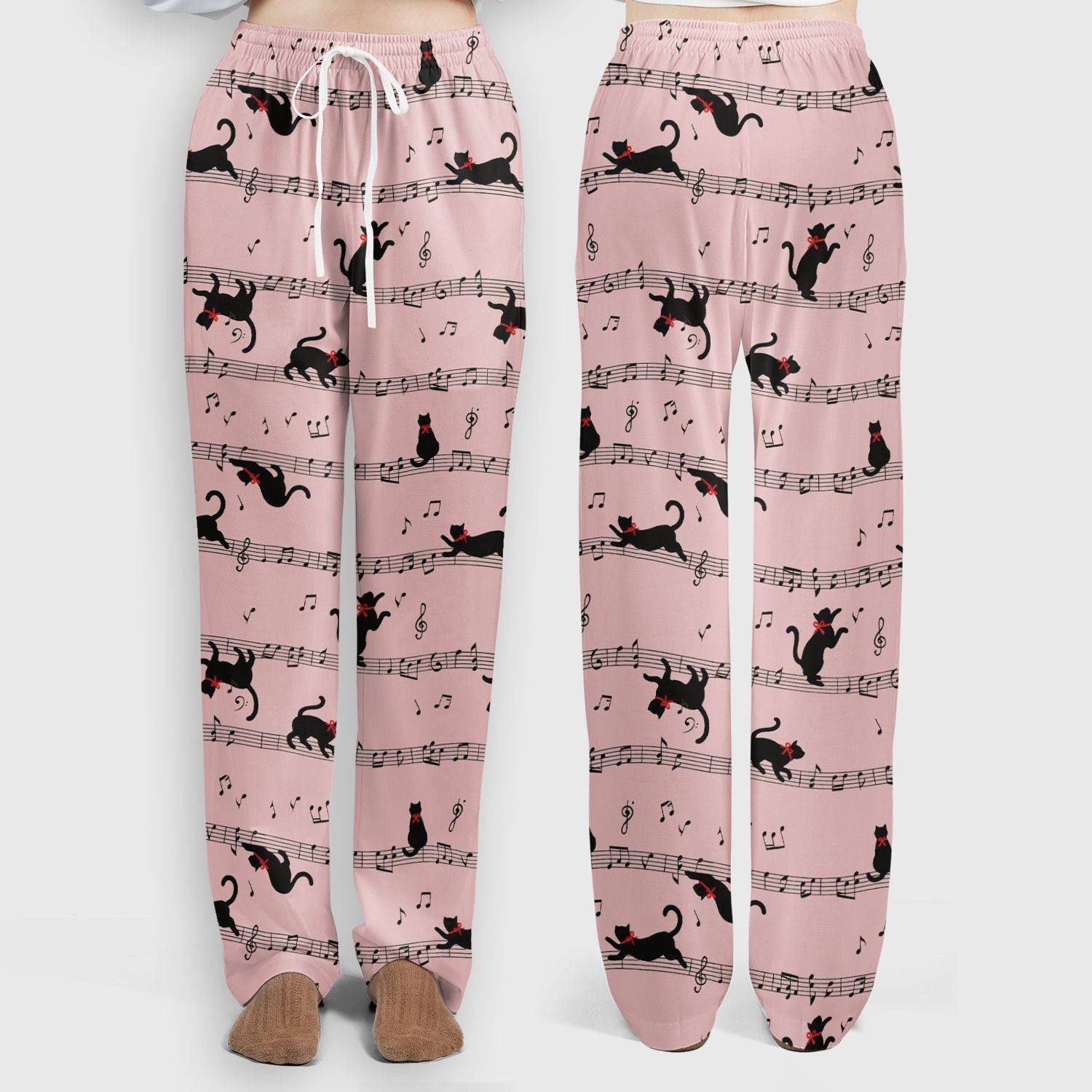 Cute Dancing Black Cat Music Staff Pattern Scrub Set, Scrub Pants and V Neck Top