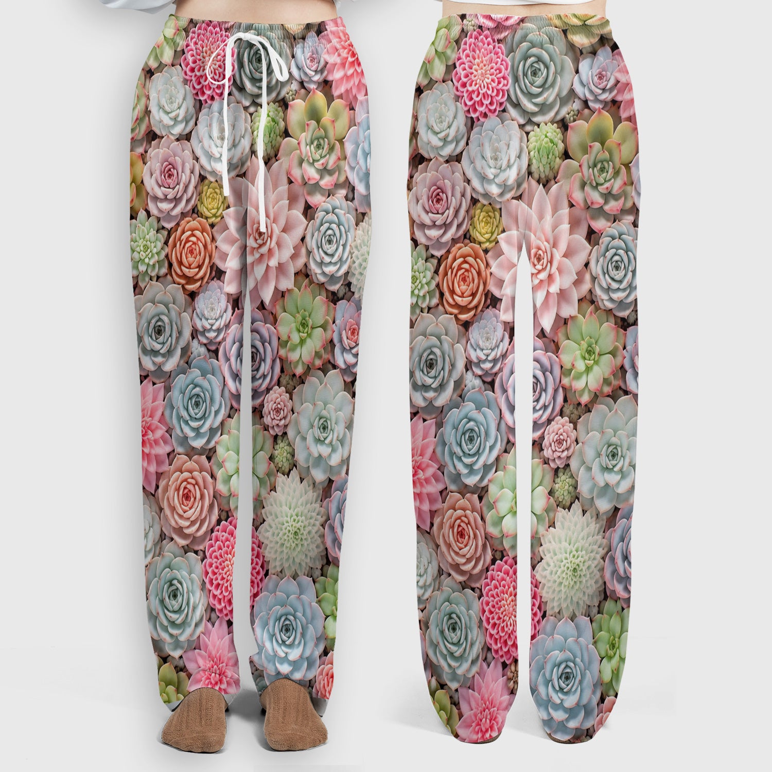 Cute Pastel Succulent Blossom Pattern Scrub Set, Scrub Pants and V Neck Top