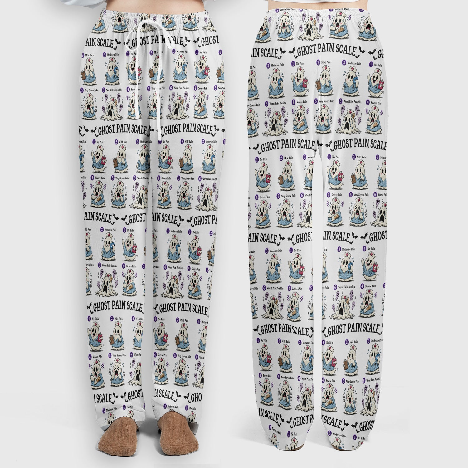 Funny Ghost Pain Scale Pattern Scrub Set, Scrub Pants and V Neck Top