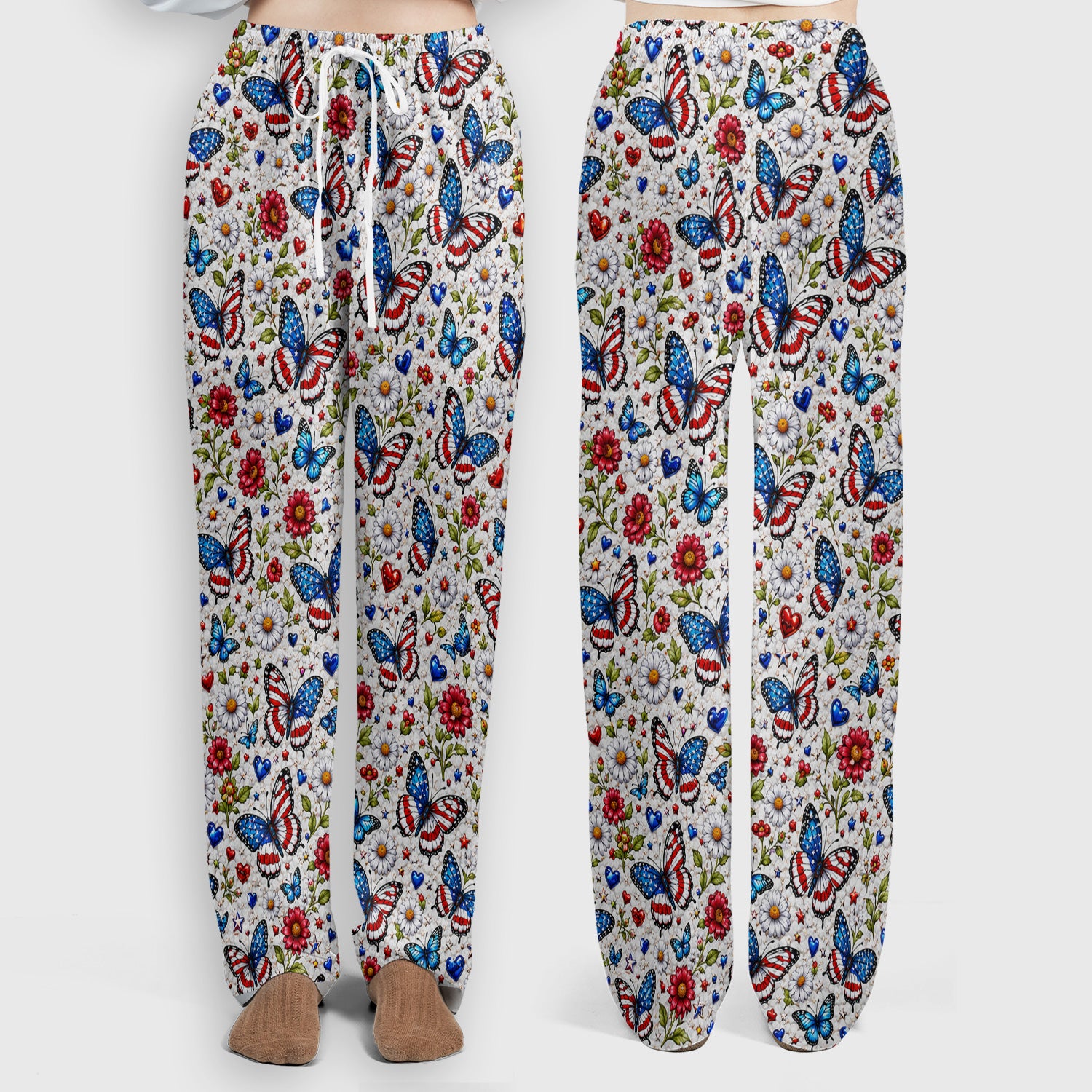 Patriotic Butterfly Daisy Heart Pattern Scrub Set, Scrub Pants and V Neck Top