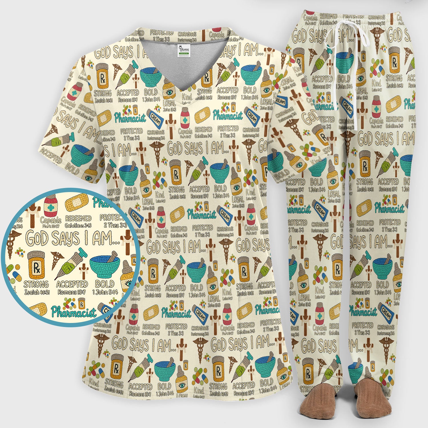 God Says I Am Pharmacist Scrub Set - Christian Pharmacy Scrubs Pants and V Neck Top for Women - Bible Verse Nurse Shirt