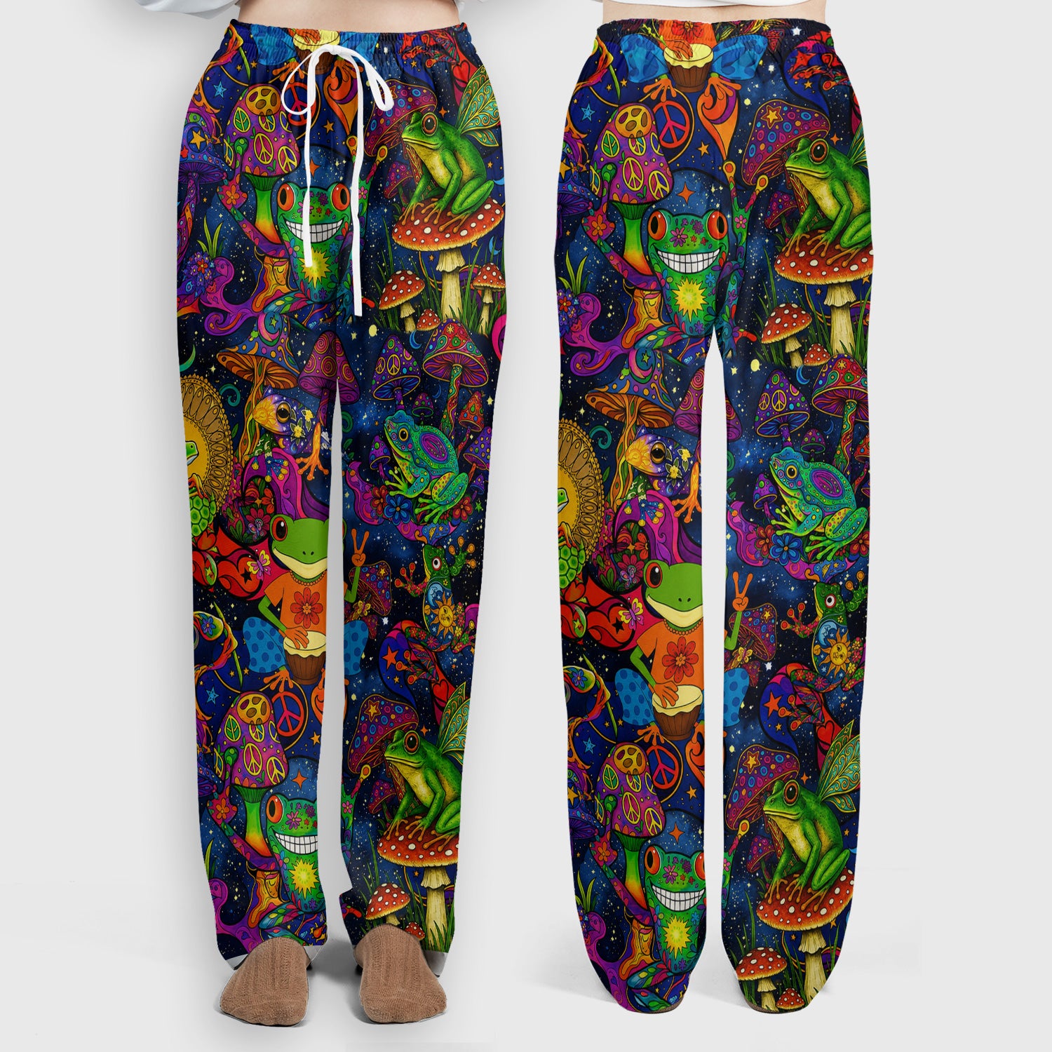 Psychedelic Frog with Mushroom Peace Print Scrub Set, Scrub Pants and V Neck Top