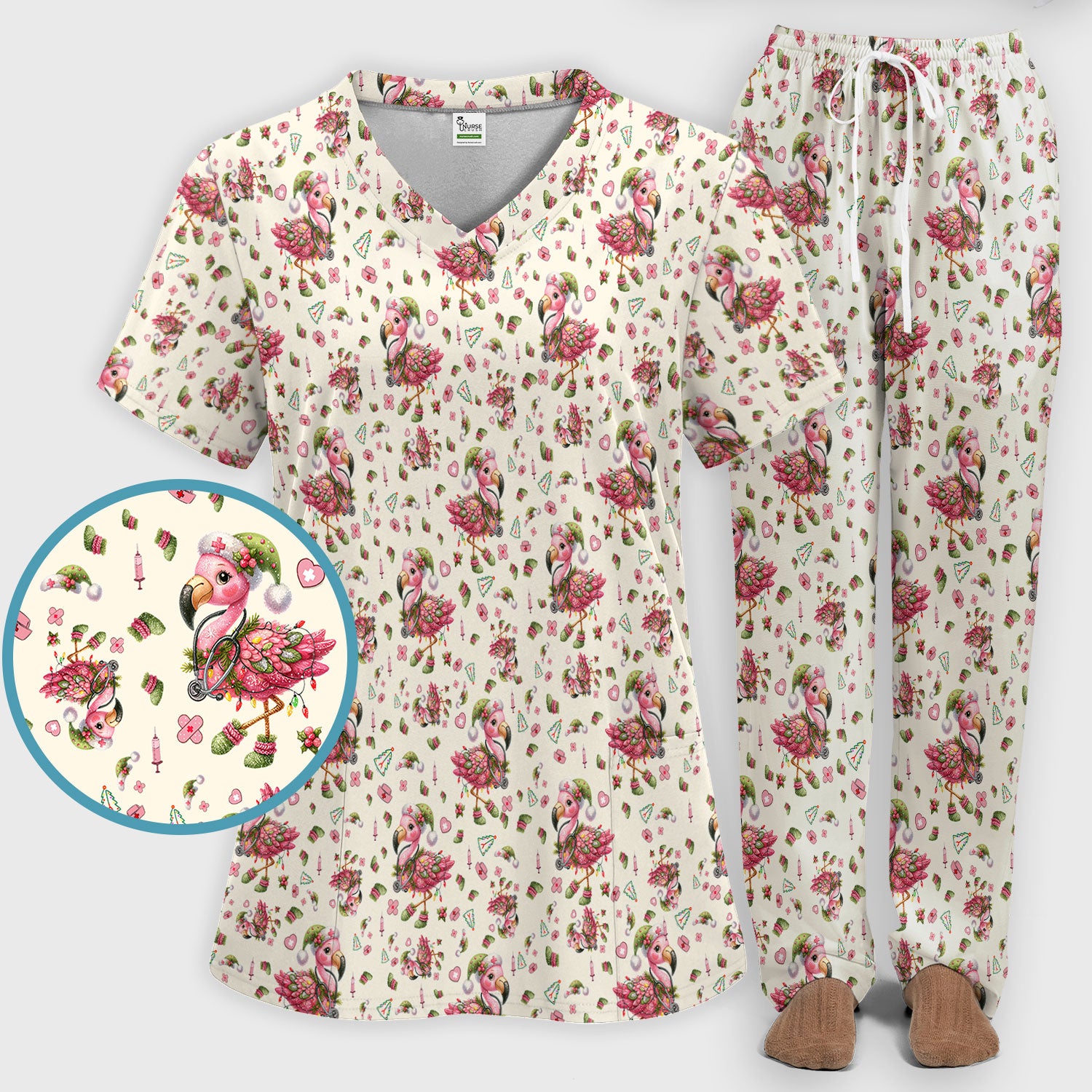 Pink Flamingo Christmas Scrub Set - Cute Flamingo Scrubs Pants and V Neck Top - Fun Christmas Medical Uniform