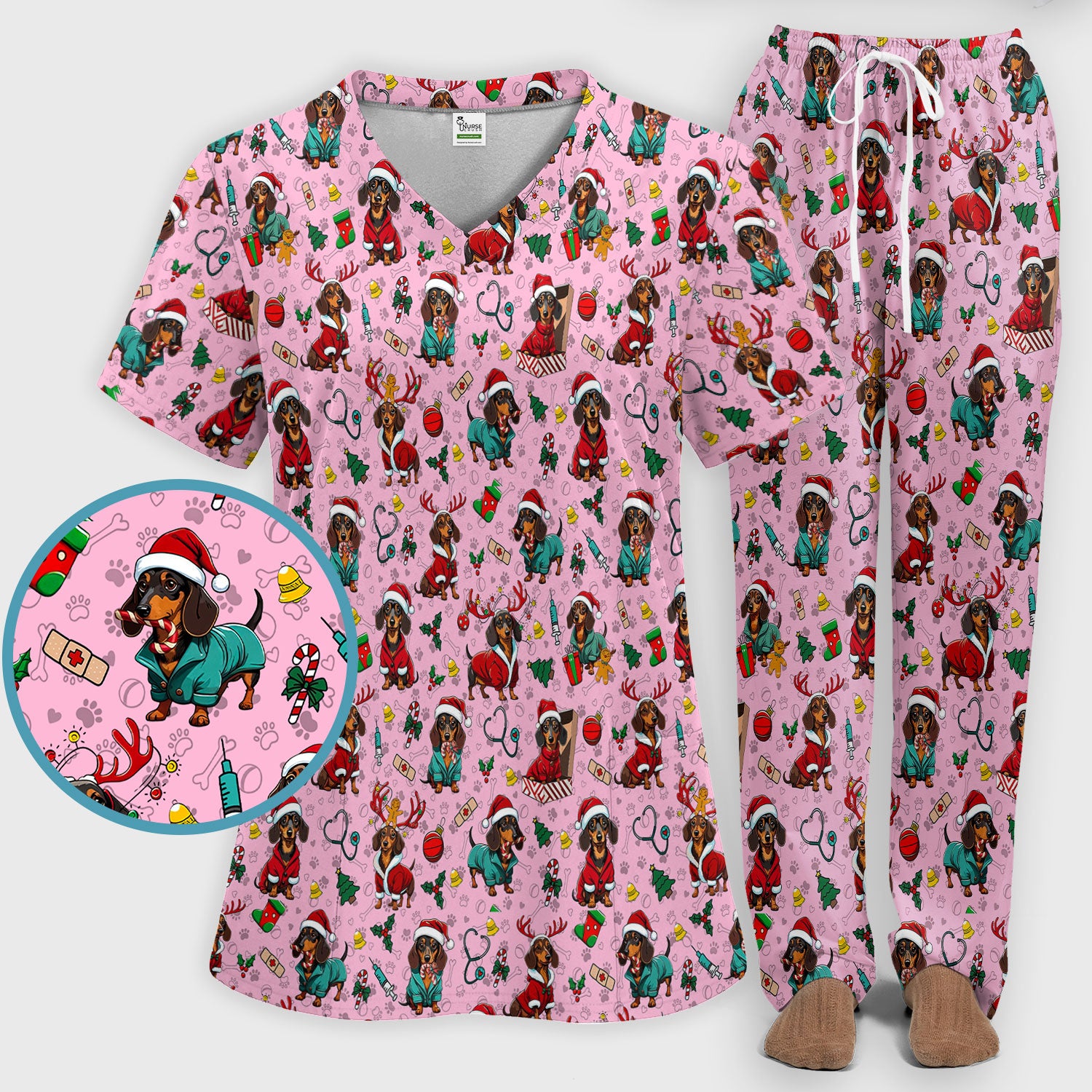 Christmas Dachshund Scrub Set for Nurses - Cute Sausage Dog Holiday - Funny Reindeer & Santa Scrubs Pants and V Neck Top
