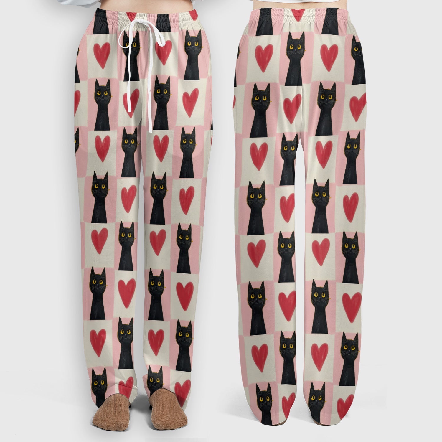 Cute Black Cat Heart Print Medical Scrub Set V Neck, Nursing Uniform