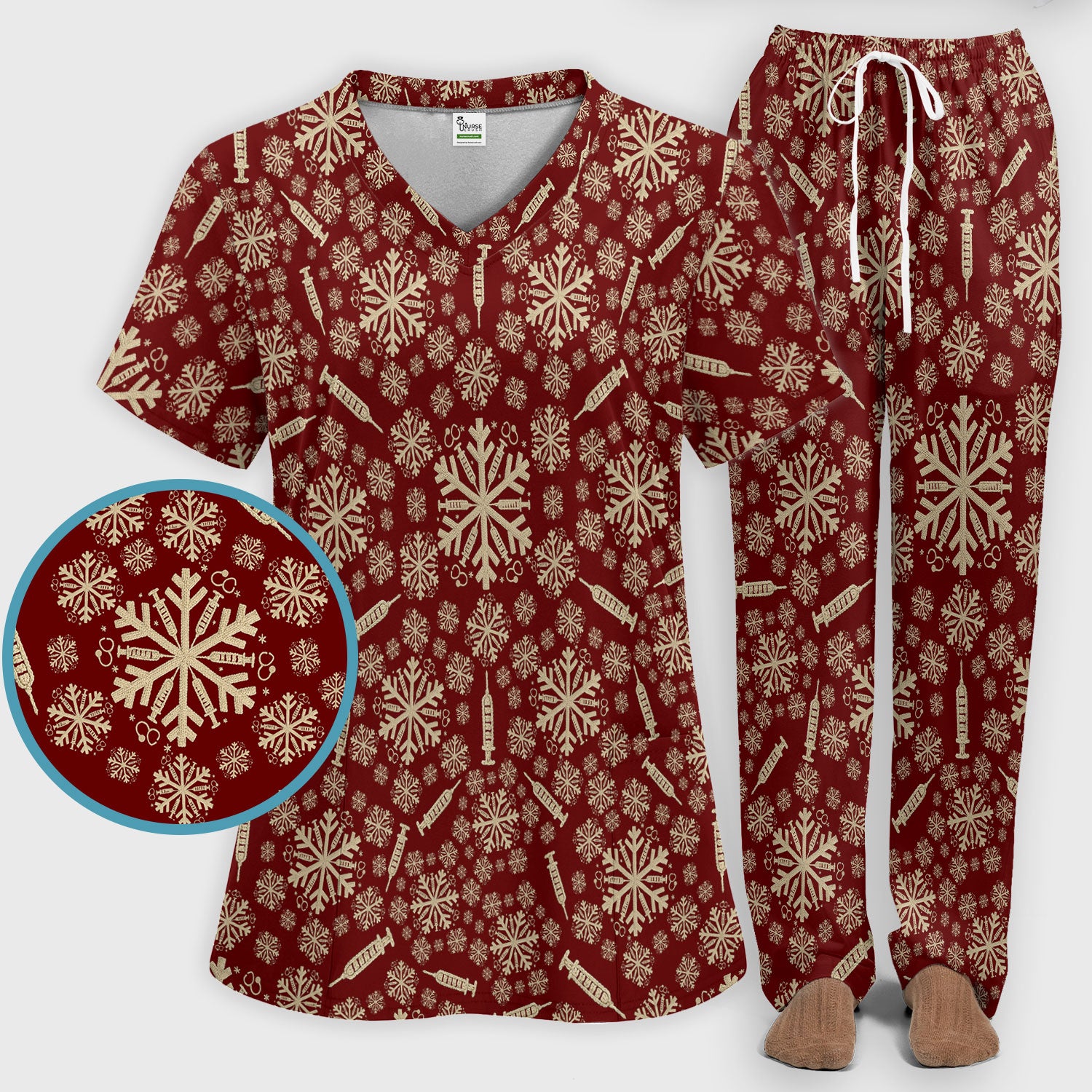 Snowflake Syringe Scrubs Pants and V Neck Top for Women - Winter Snow Medical Set - Funny Christmas Gift for Nurse