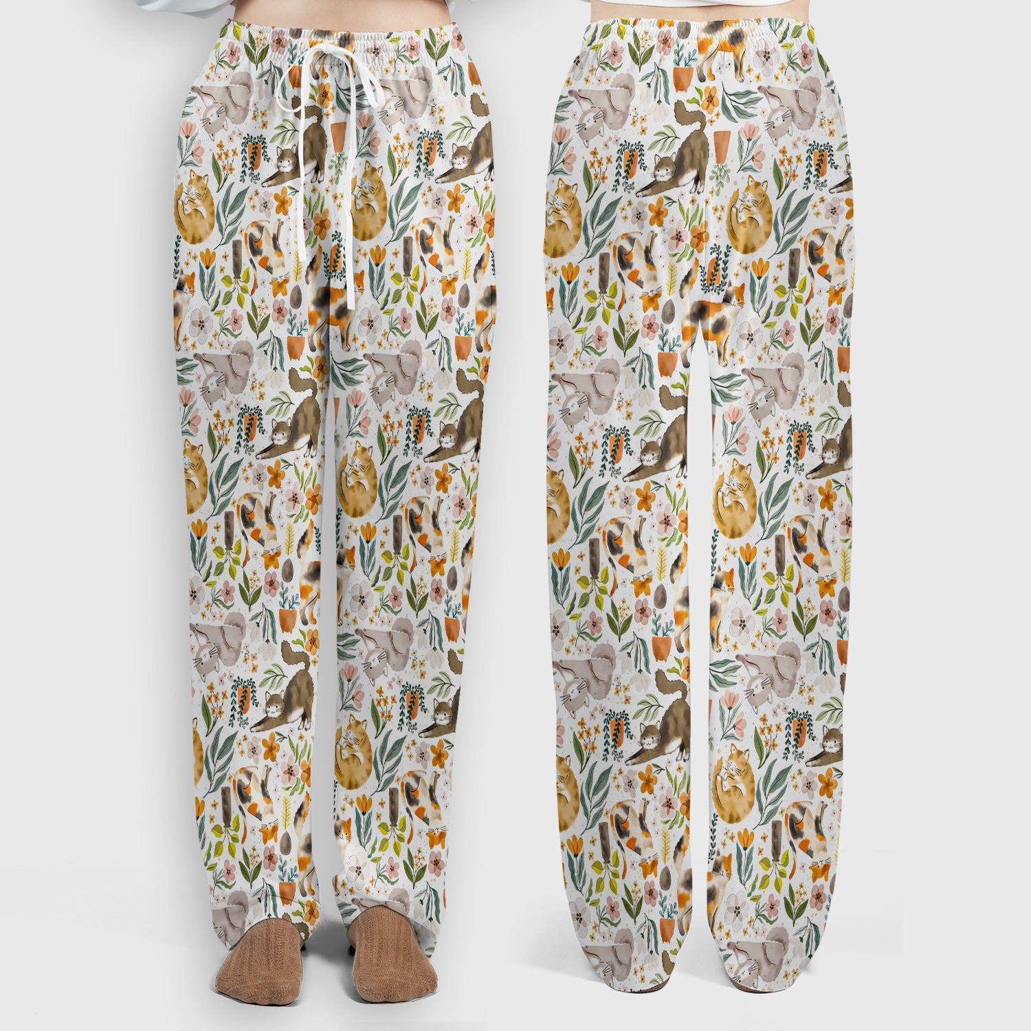 Cat Wildflower Garden Floral Pattern Scrub Set, Scrub Pants and V Neck Top