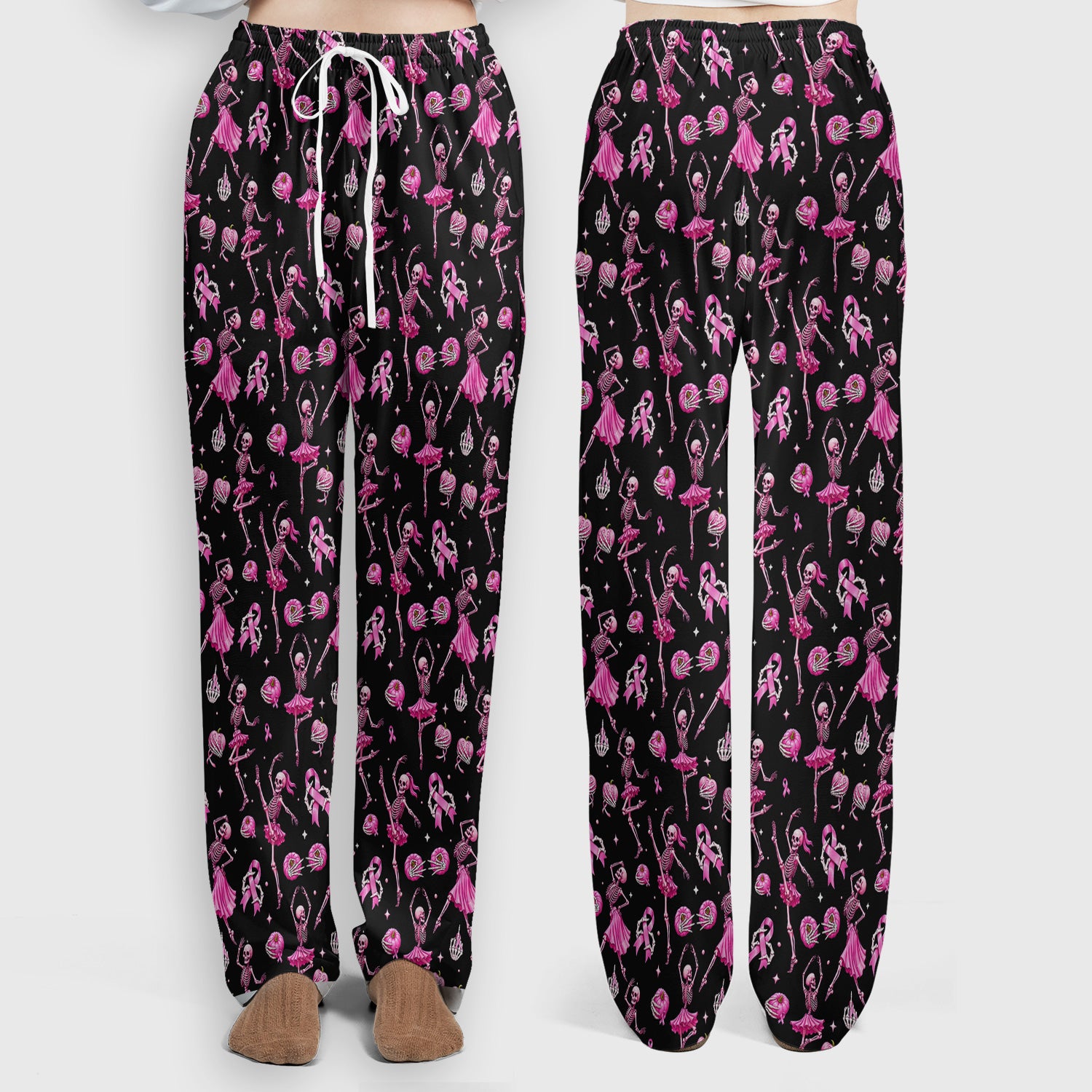 Pink Ribbon Skeleton Ballerina Print Scrub Set, Scrub Pants and V Neck Top