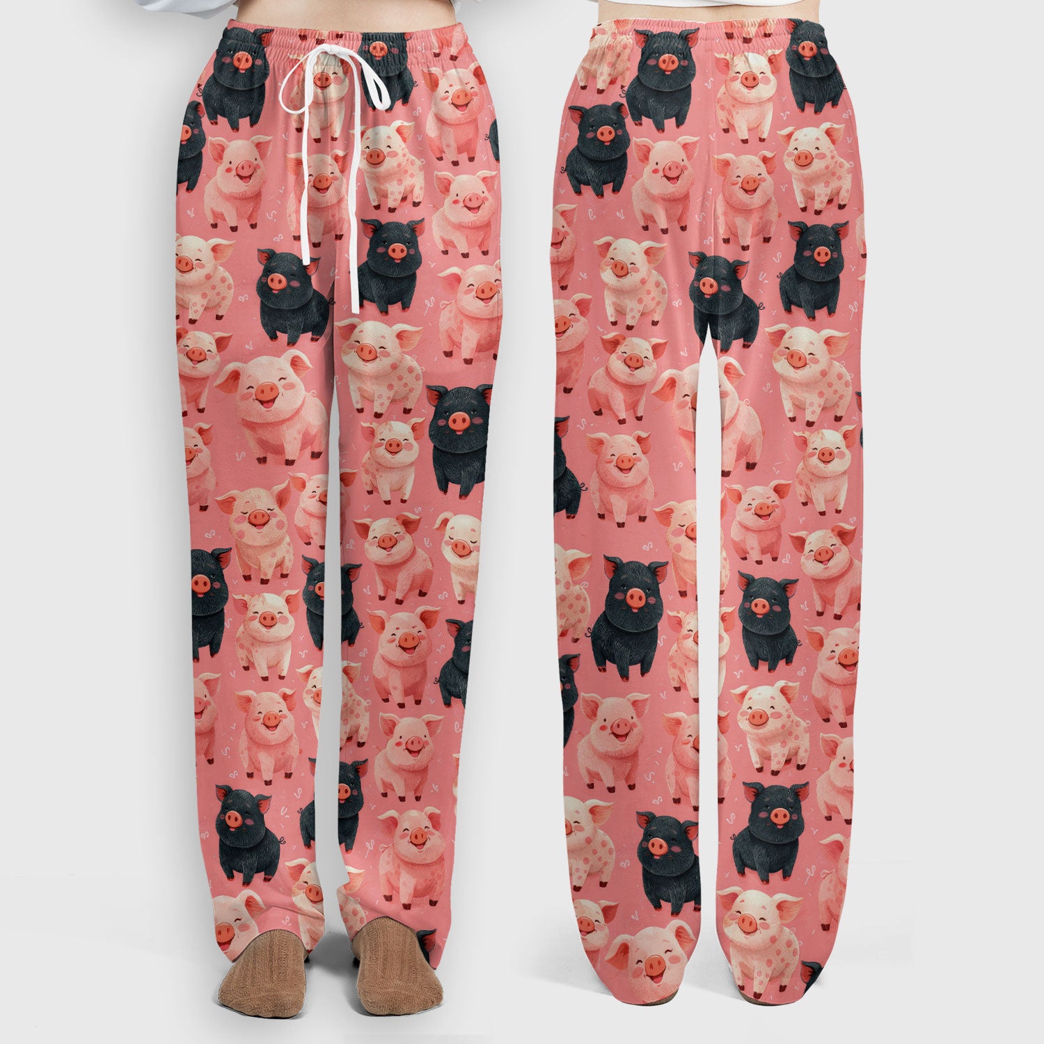 Cartoon Pig Print Scrub Set, Scrub Pants and V Neck Top, Breathable Med Uniform