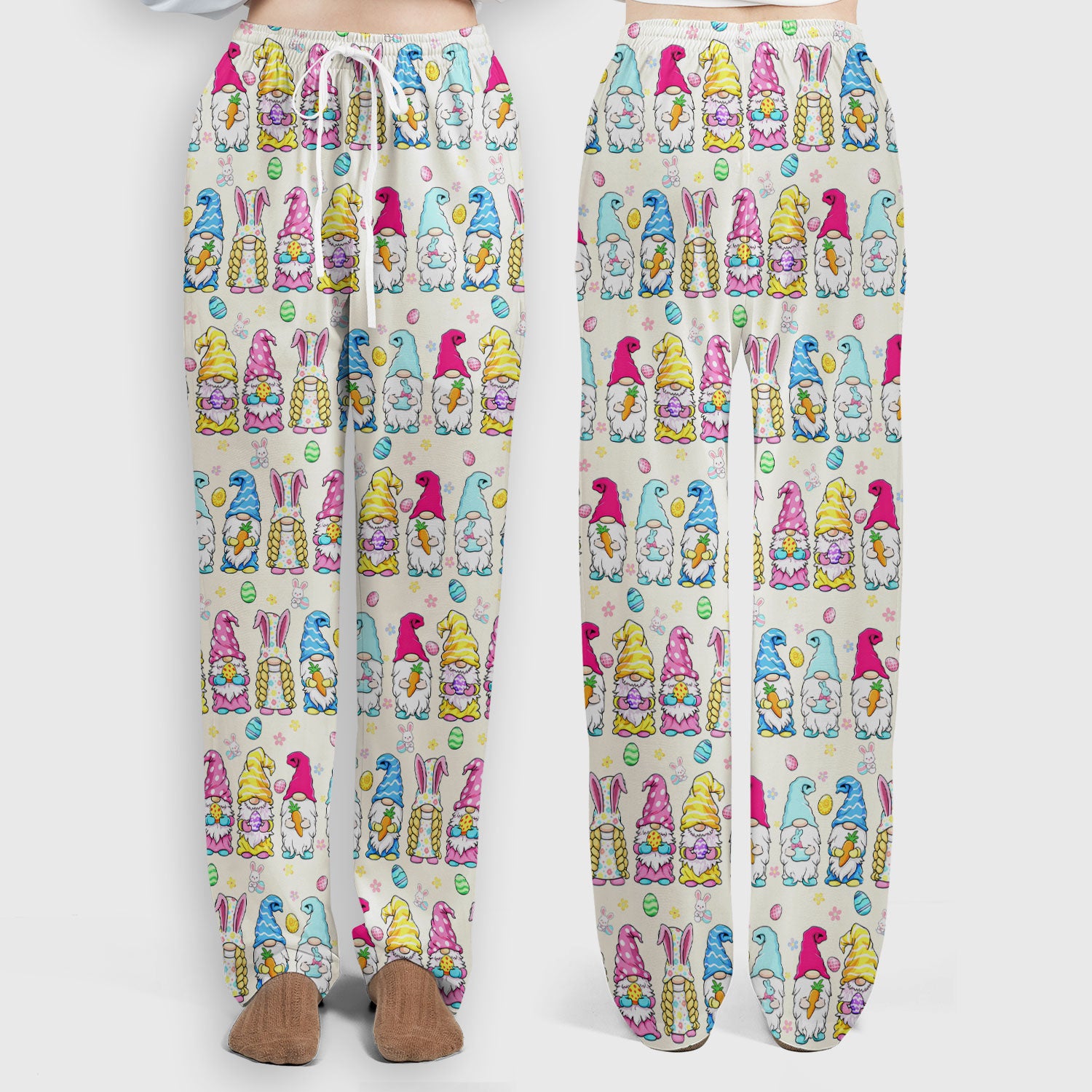 Colorful Easter Gnome Bunny Eggs Pattern Scrub Set, Women's Scrub Sets