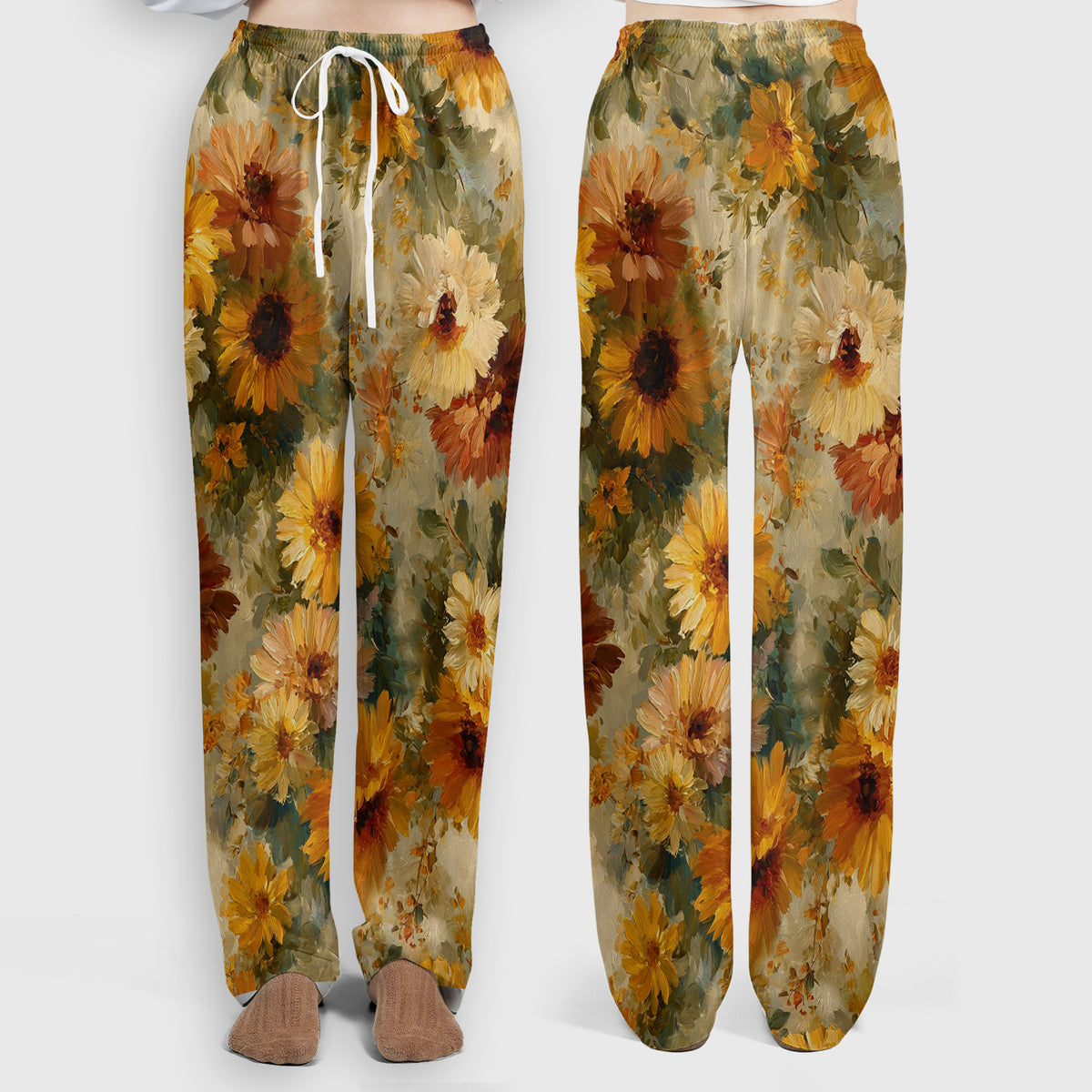 Vintage Sunflower Oil Painting Scrub Set, Scrub Pants and V Neck Top