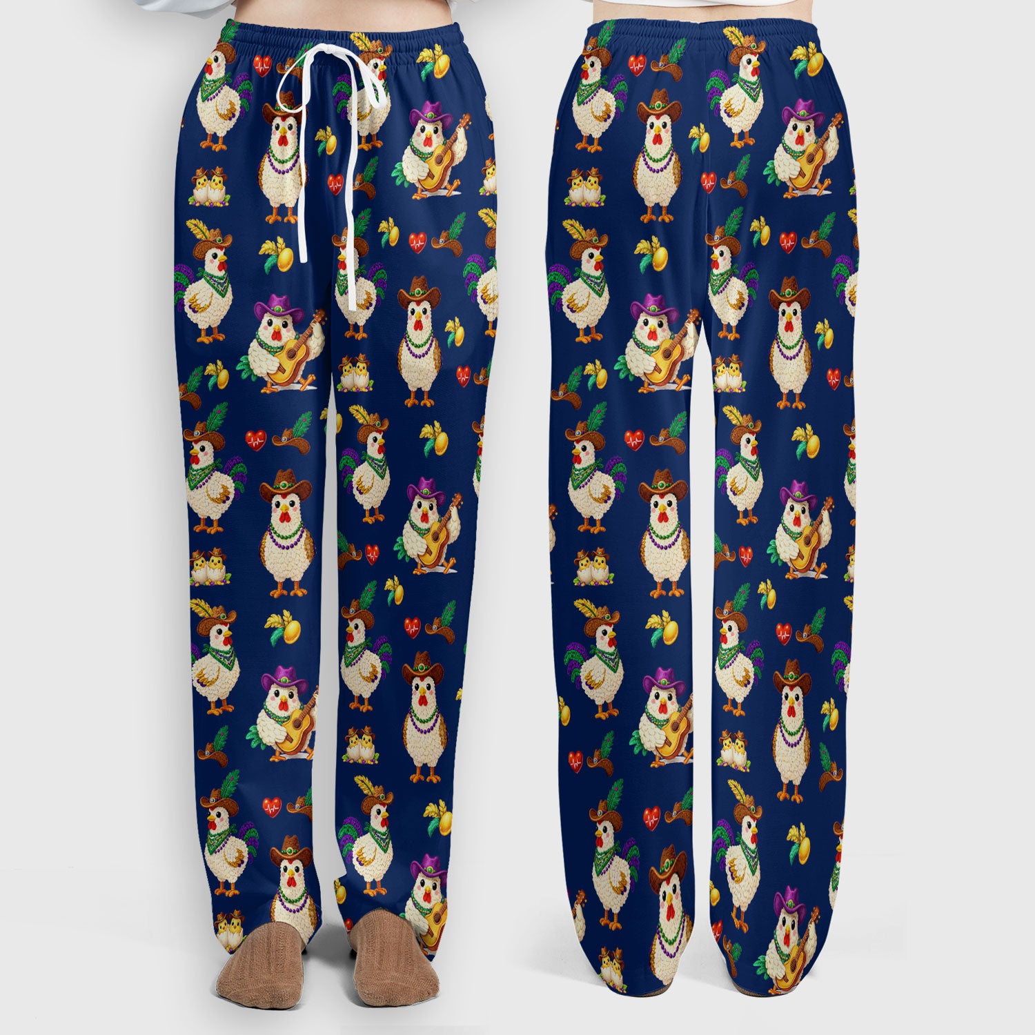 Funny Mardi Gras Rooster Cowboy Print Set, Women's Scrub Sets