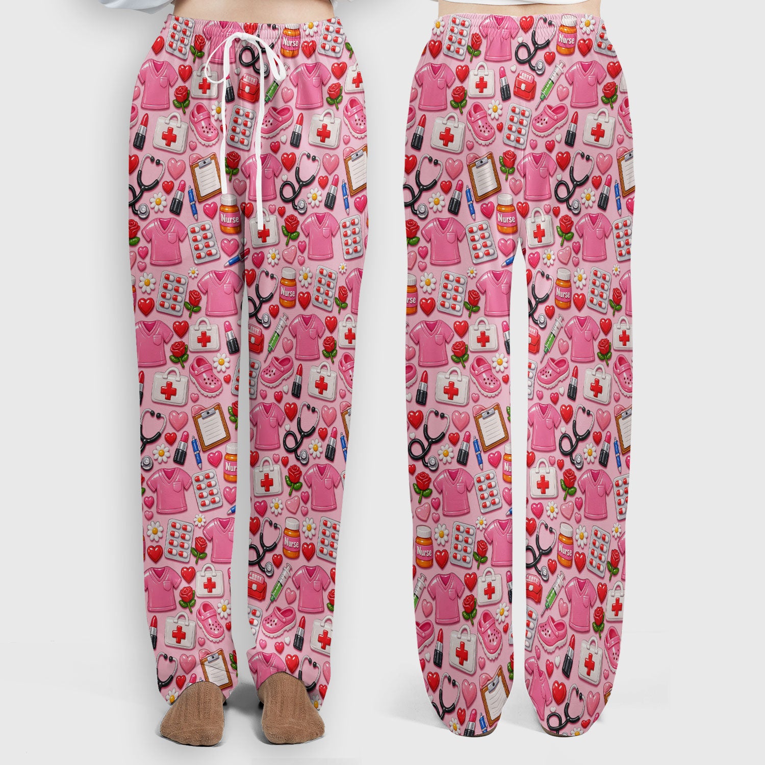 Medical Icons Scrub Set, Cute Pattern Nurse Shirt, Breathable Fabrics Nursing Uniform