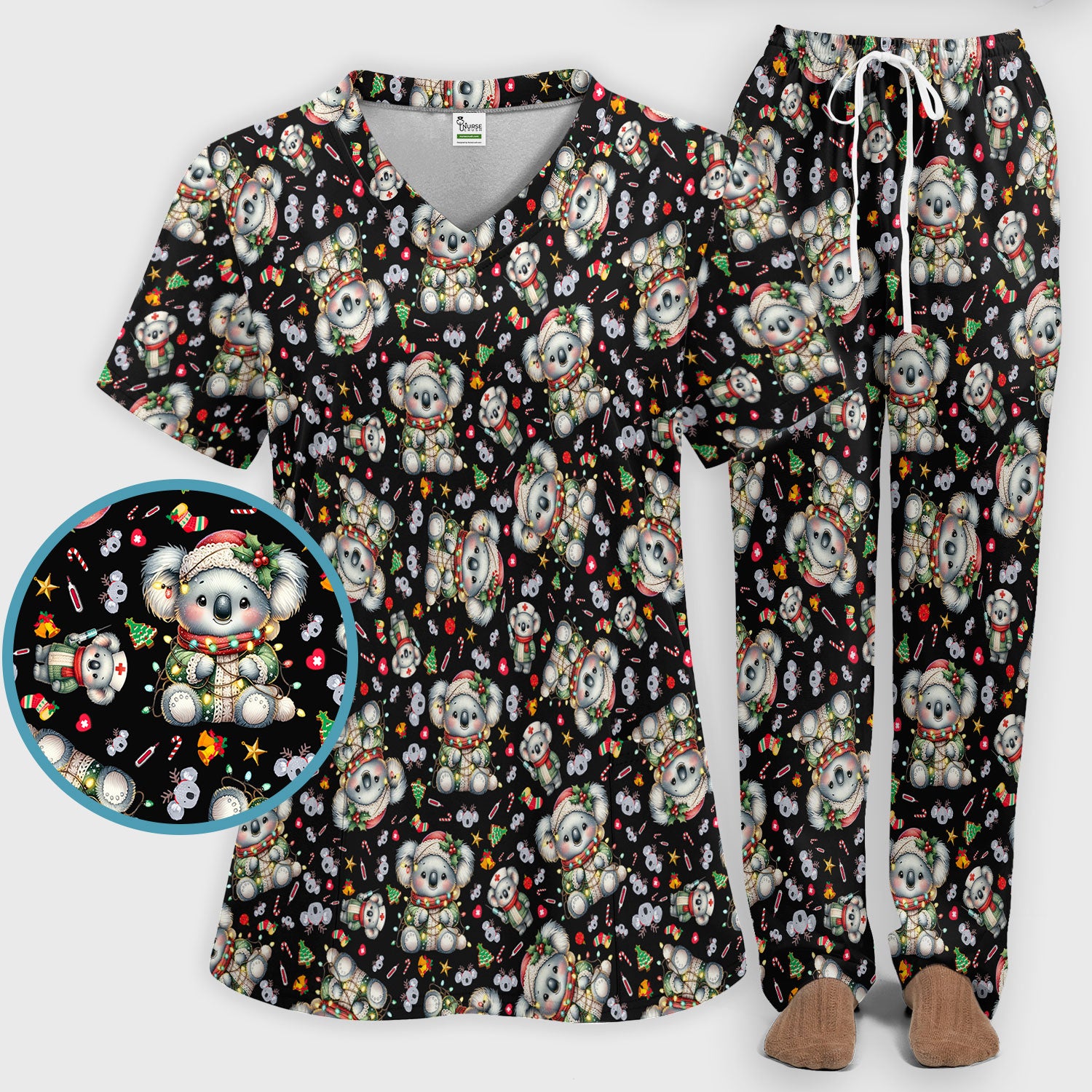 Christmas Koala Scrub Set - Cute Aussie Holiday Nursing Top and Pants - Funny Animal Medical Uniform