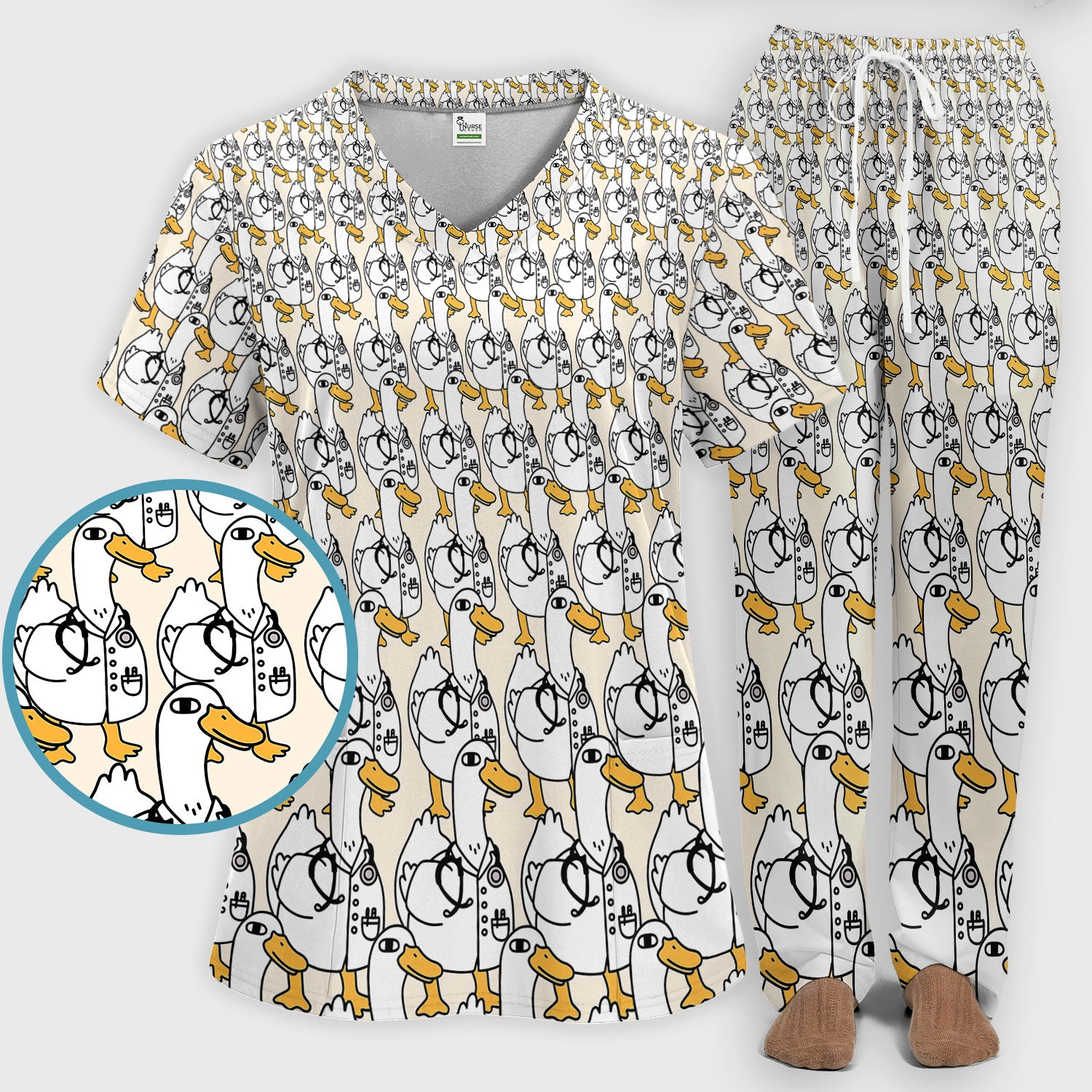 Funny Duck Scrub Set for Women - I'm a Doctor Scrubs Pants and V Neck Top - Cute Duck In The Row - Comfortable Nursing Uniform