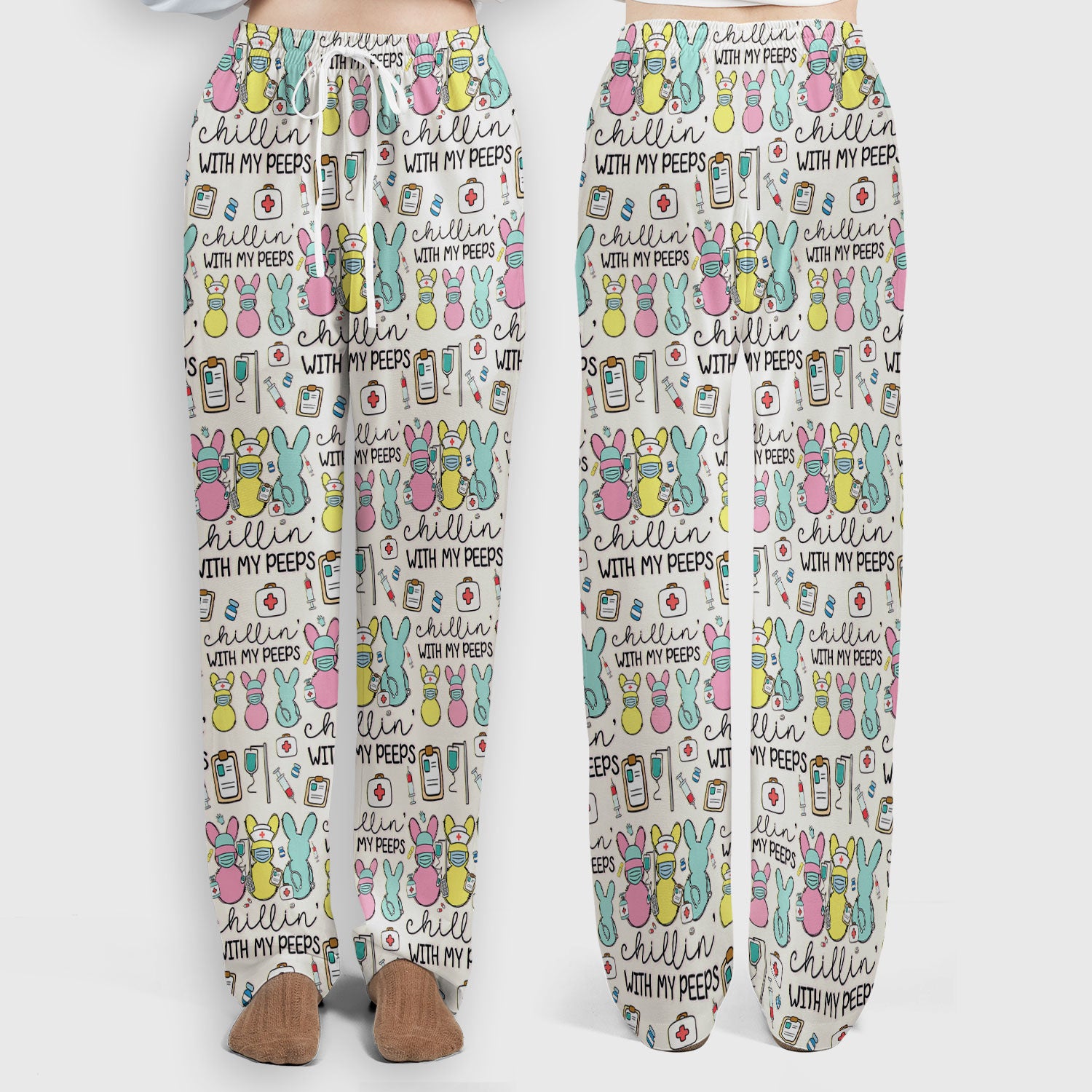 Cute Bunny Nurse Chillin With My Peeps Scrub, Women's Scrub Sets
